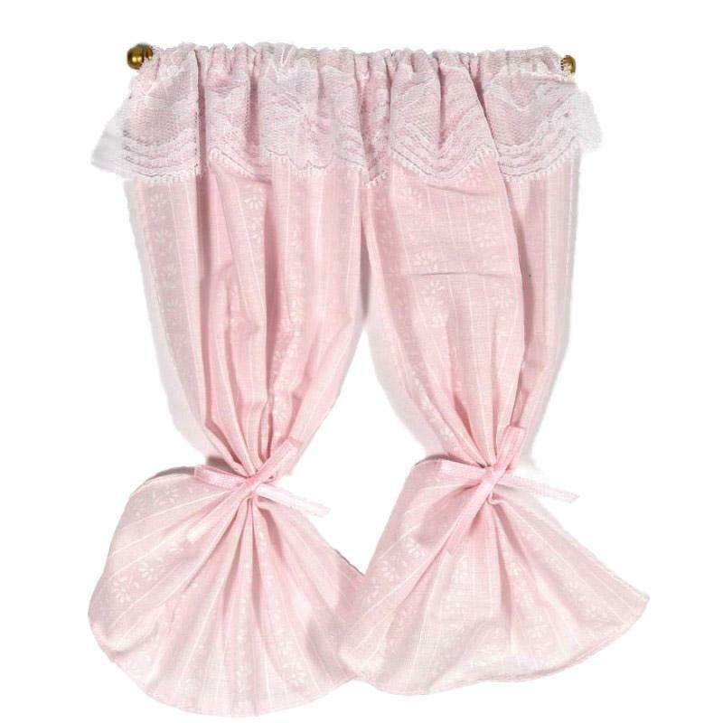 Melody Jane Dolls House Pink Curtains on Rail Miniature Window Accessory