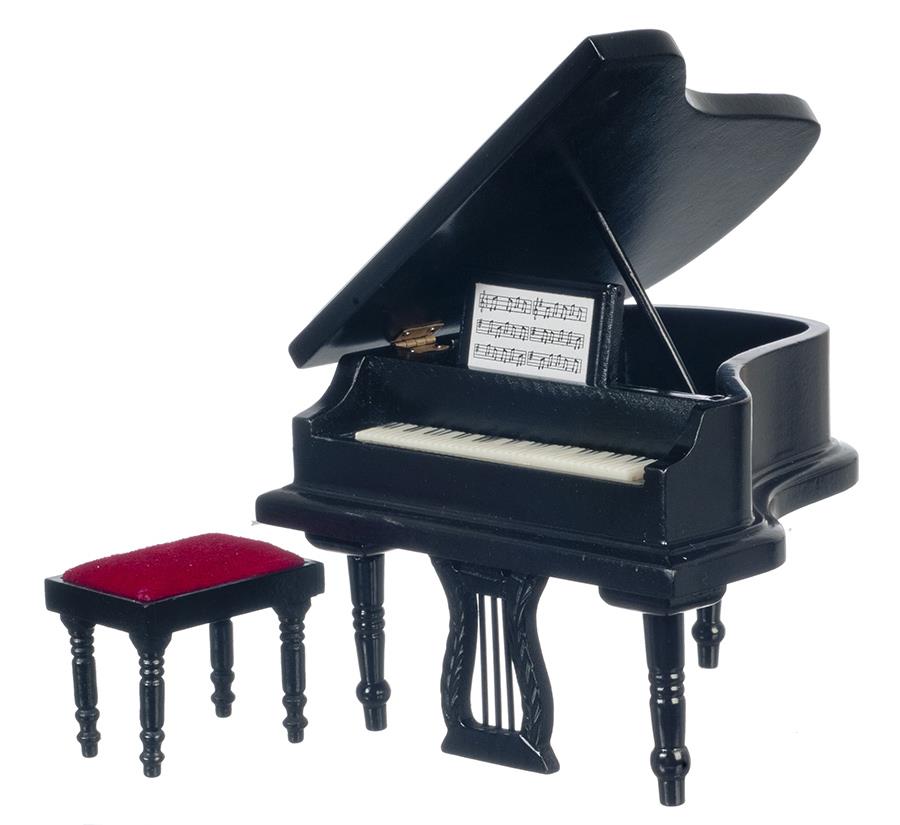Black Grand Piano & Bench Stool Music Room Furniture Dolls House Miniature 1:12
