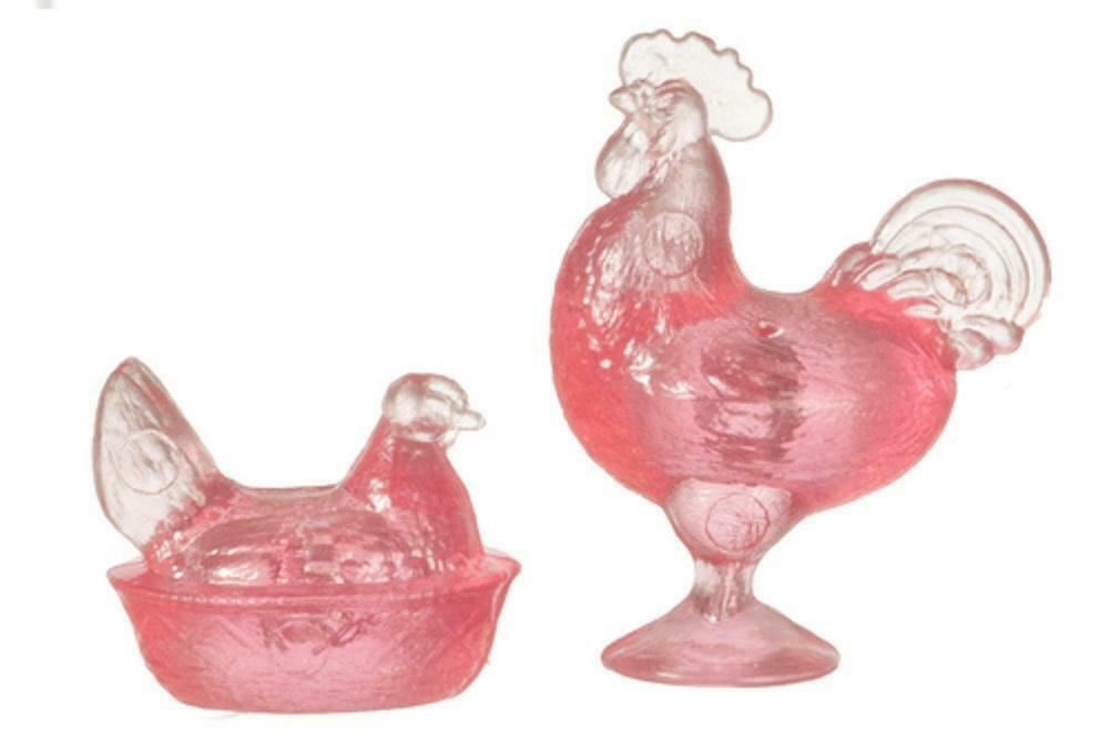Dolls House Pink Rooster & Nesting Hen Chrysnbon Ornaments Miniature Accessory