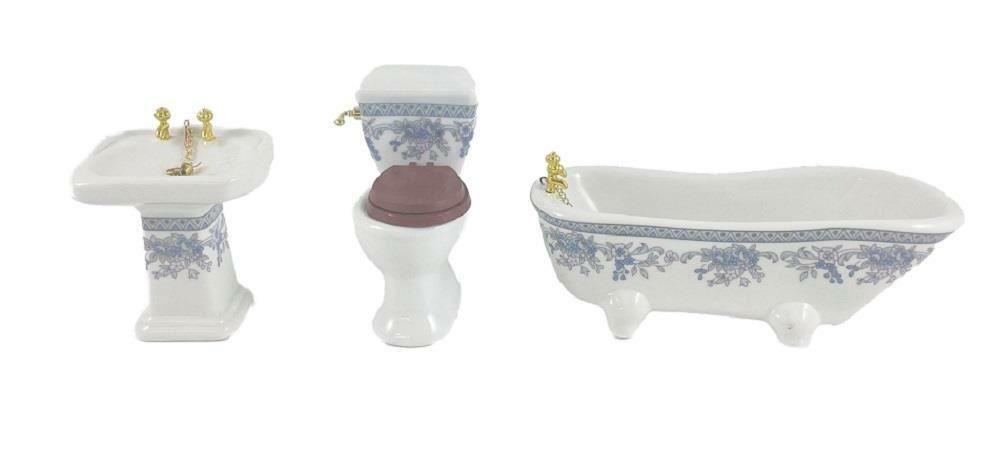 Dolls House Blue Floral Bathroom Suite Porcelain Miniature Furniture Set 1:12 main product image
