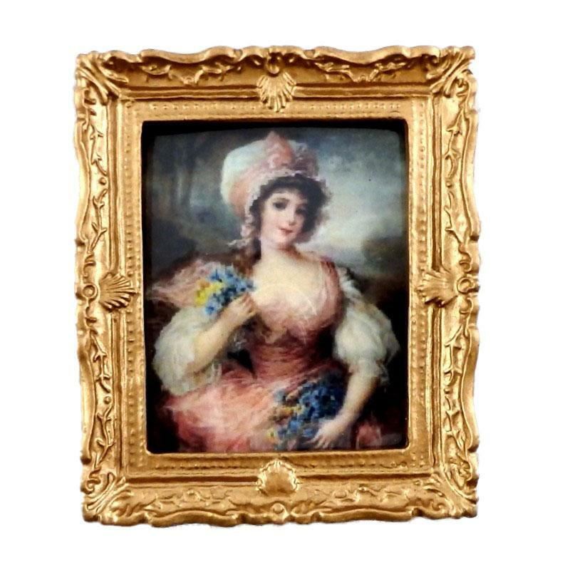 Melody Jane – Tableau Miniature Avec Cadre Or Et Portrait De Dame En Rose – Échelle 1:12 – Accessoire Maison De Poupée