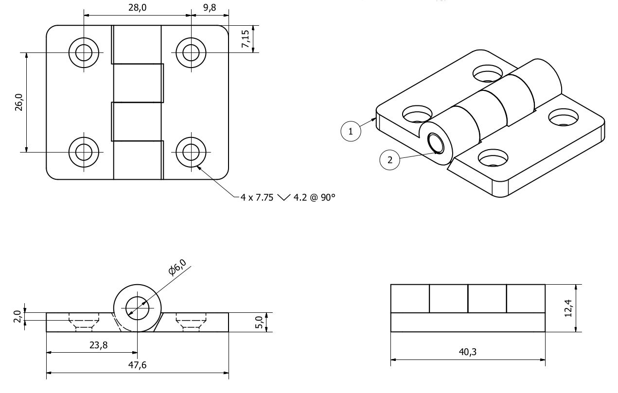 Black Reinforced Nylon Plastic Hinge 40x48mm Italian Made Industrial Quality - Picture 5 of 7