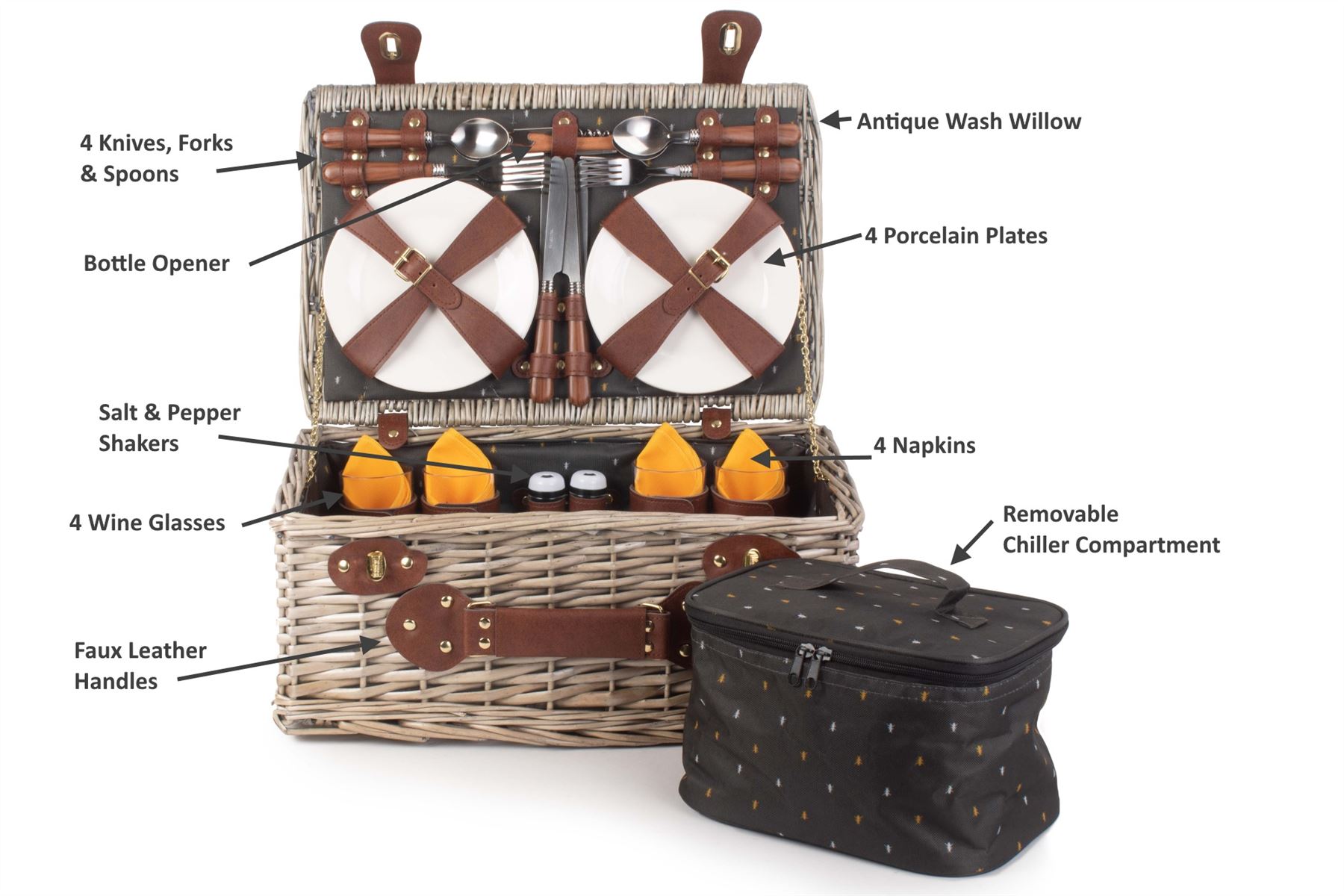 Wrenbury Picnic Hamper for 2 4 6 People Storage Basket Willow Tartan