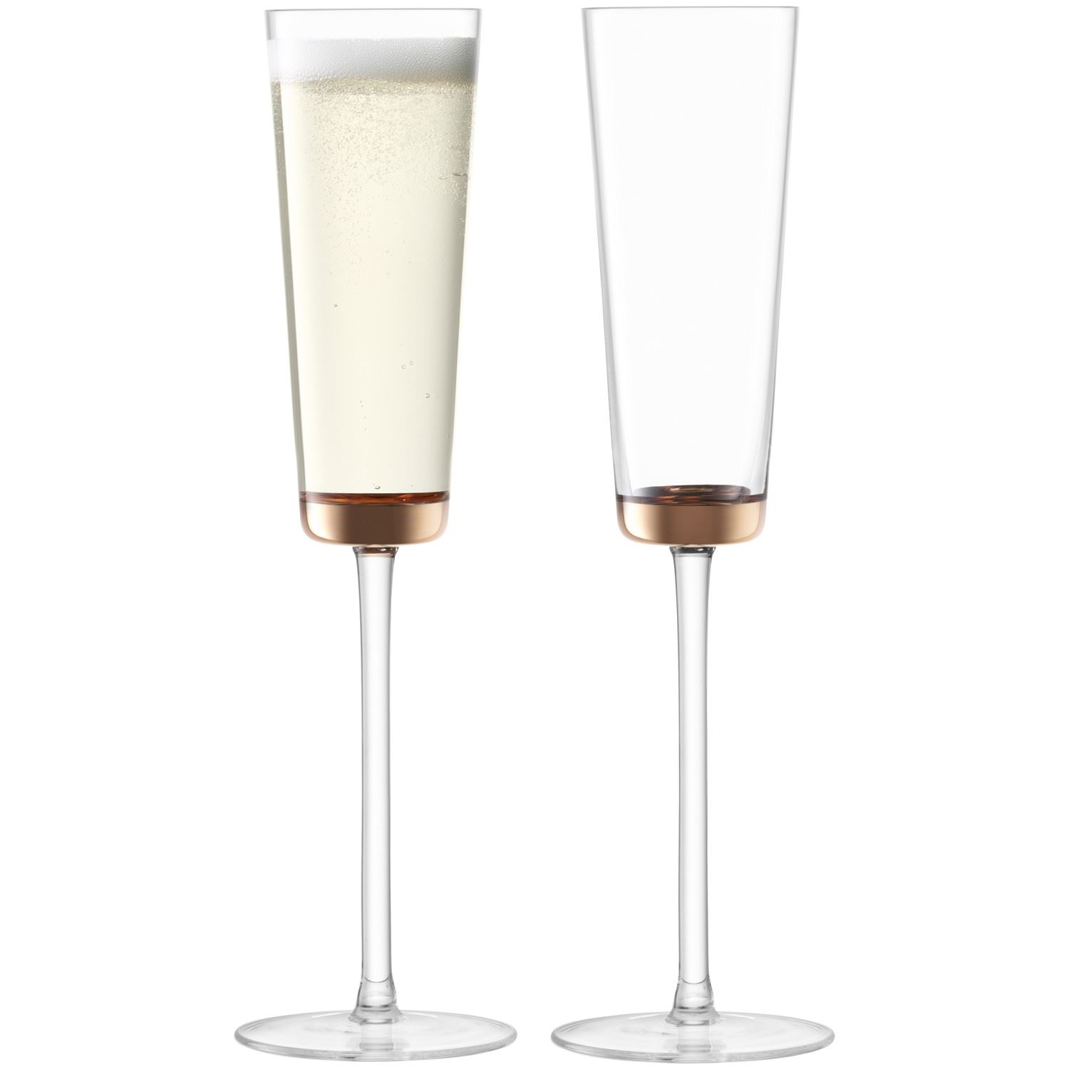 LSA Edge Set of 2 Champagne Flutes Glasses with Rose Gold Copper