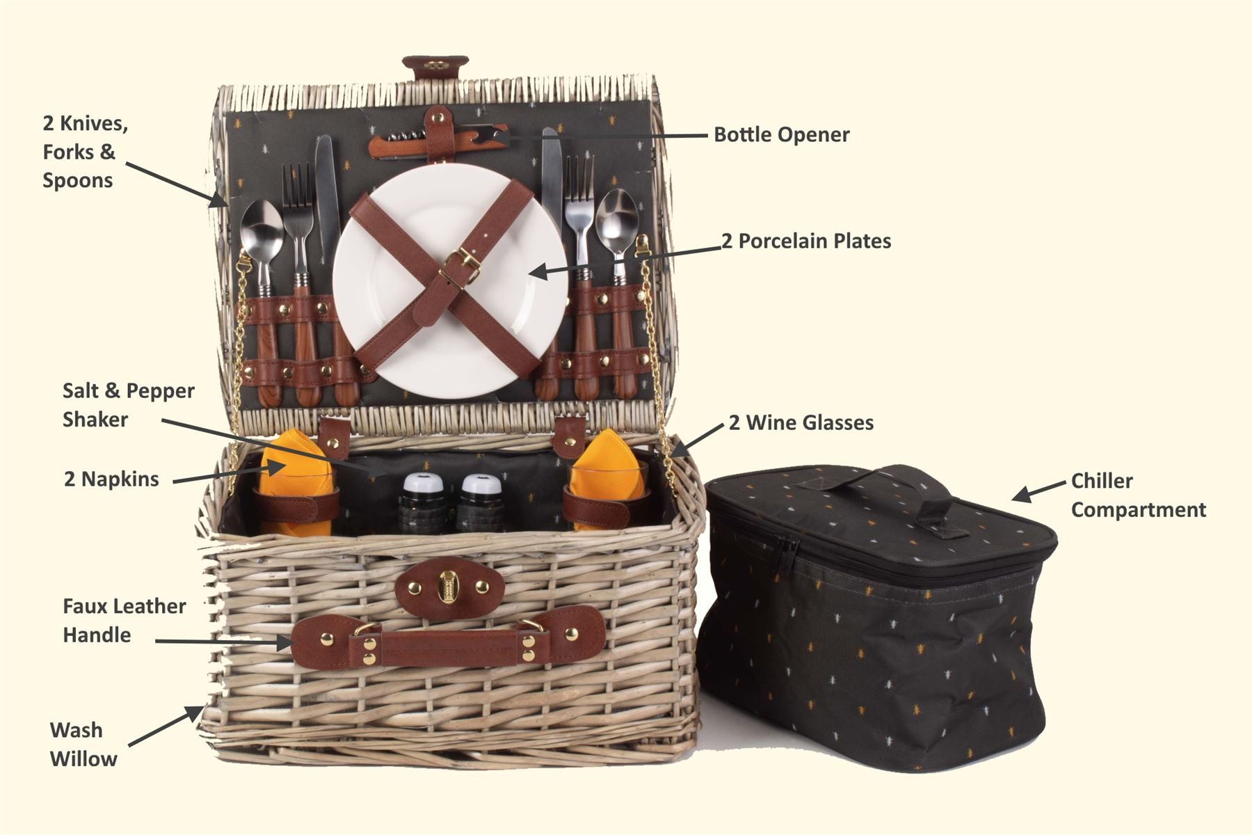 Wrenbury Picnic Hamper for 2 4 6 People Storage Basket Willow Tartan