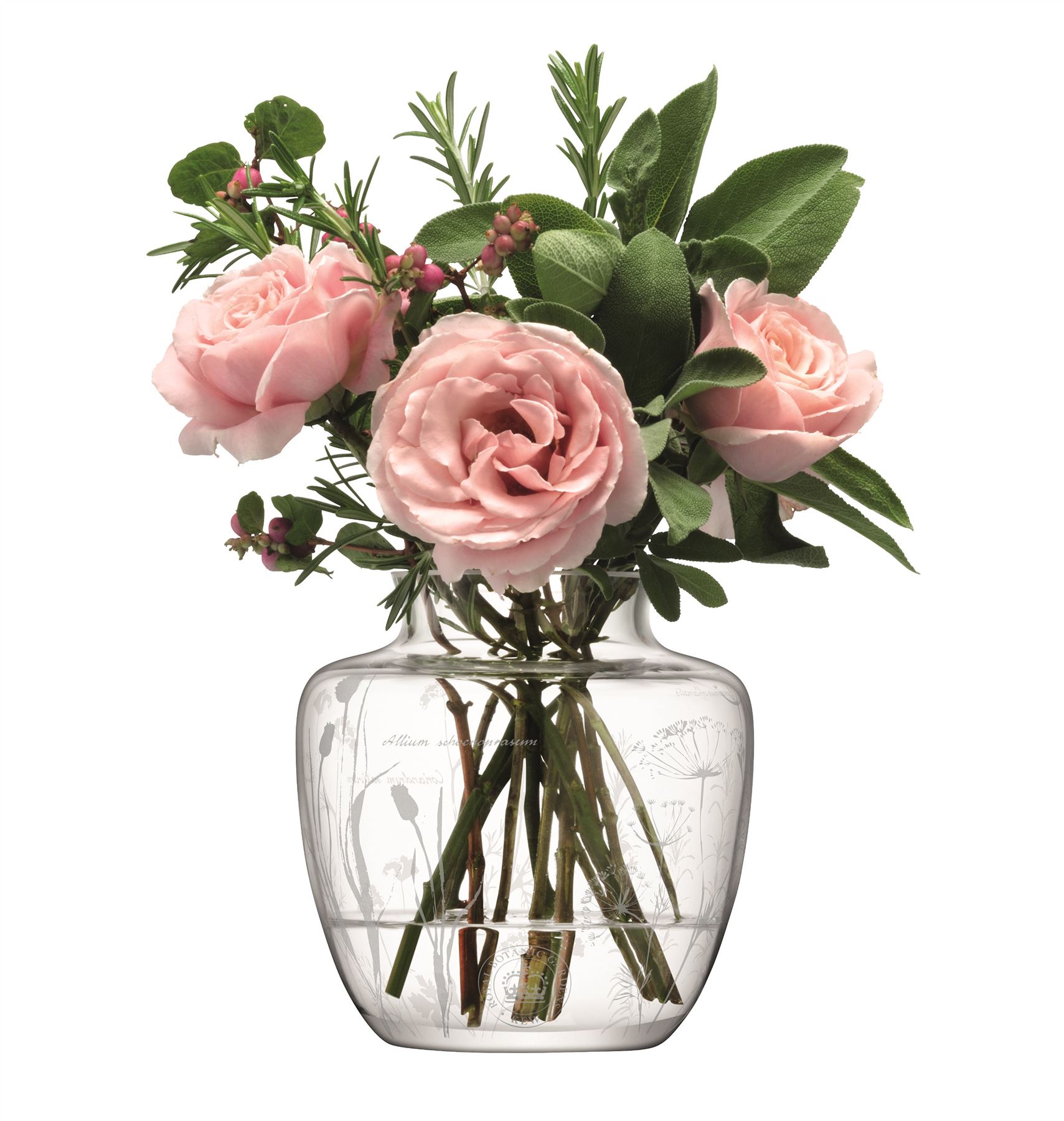 LSA Kew Gardens Glass Vase with Etched Herb Floral Design,15cm or 12cm