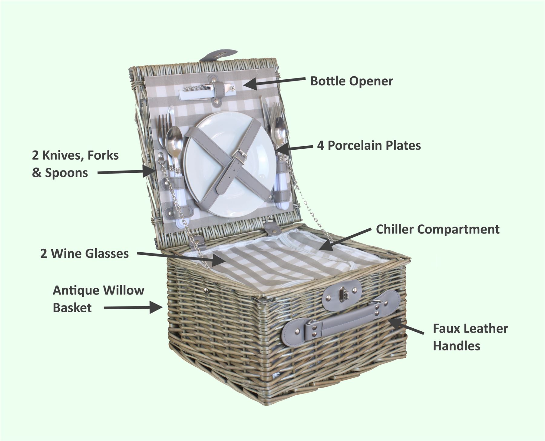 Wrenbury Picnic Hamper for 2 4 6 People Storage Basket Willow Tartan