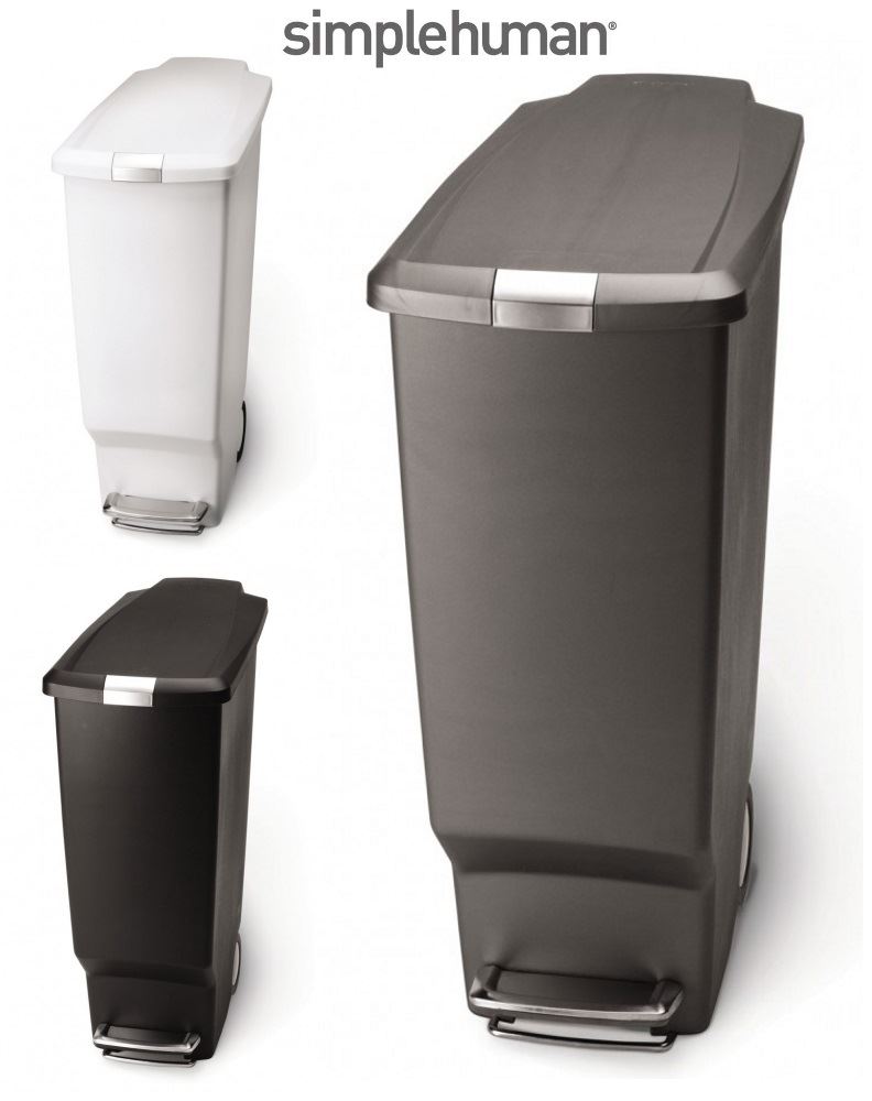 Simplehuman Plastic Slim 10L or 40L Pedal Waste Bin on Wheels, White Grey Black