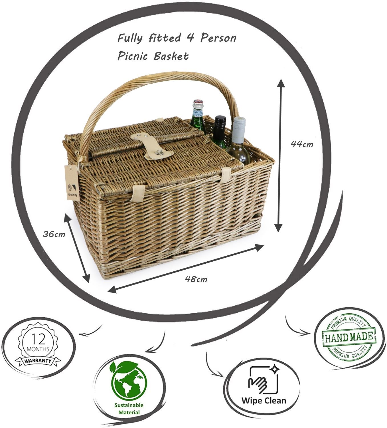 Wrenbury Picnic Hamper for 2 4 6 People Storage Basket Willow Tartan
