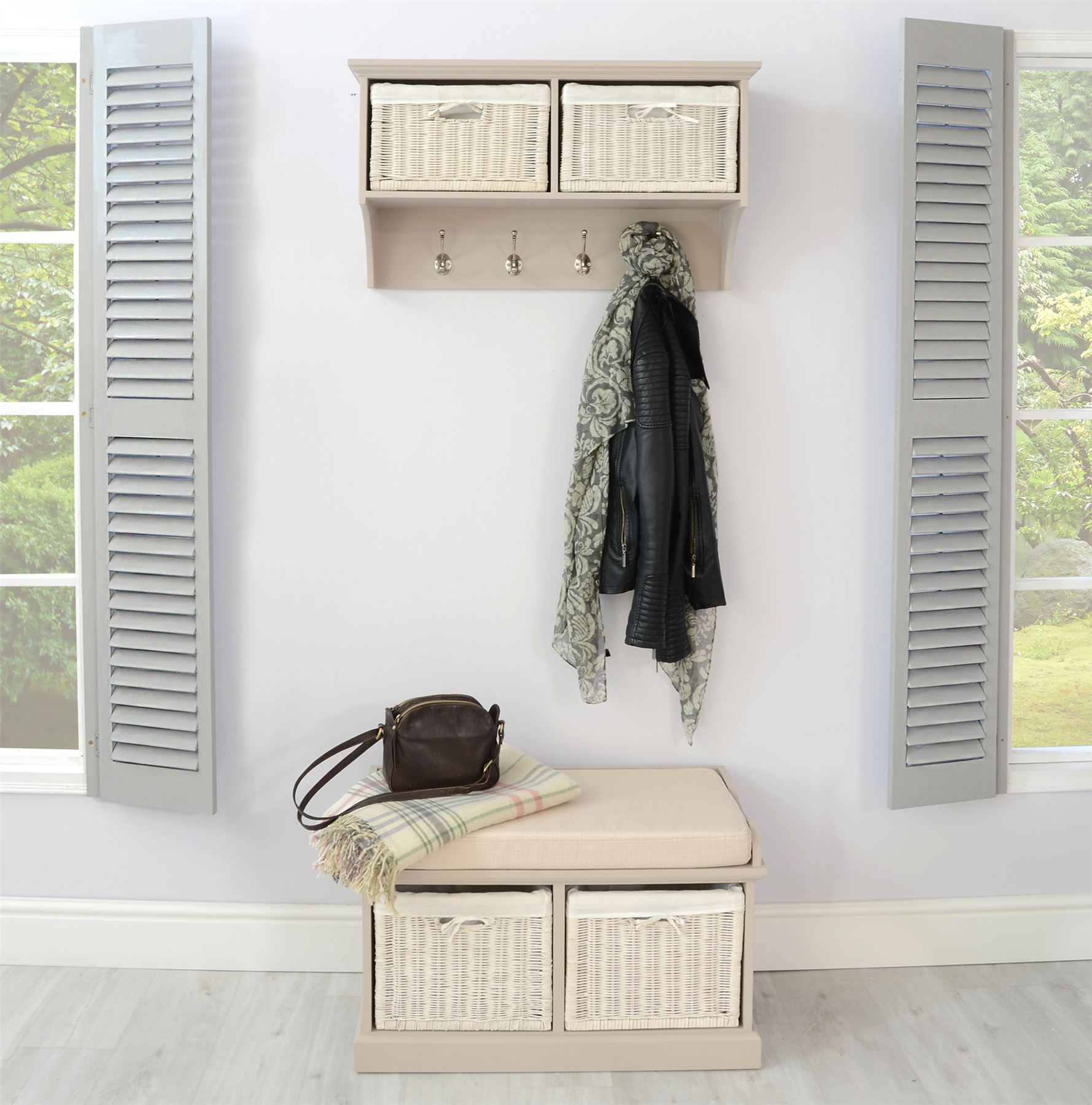 Tetbury coat rack, hanging shelf with 2 storage baskets. 4 colours