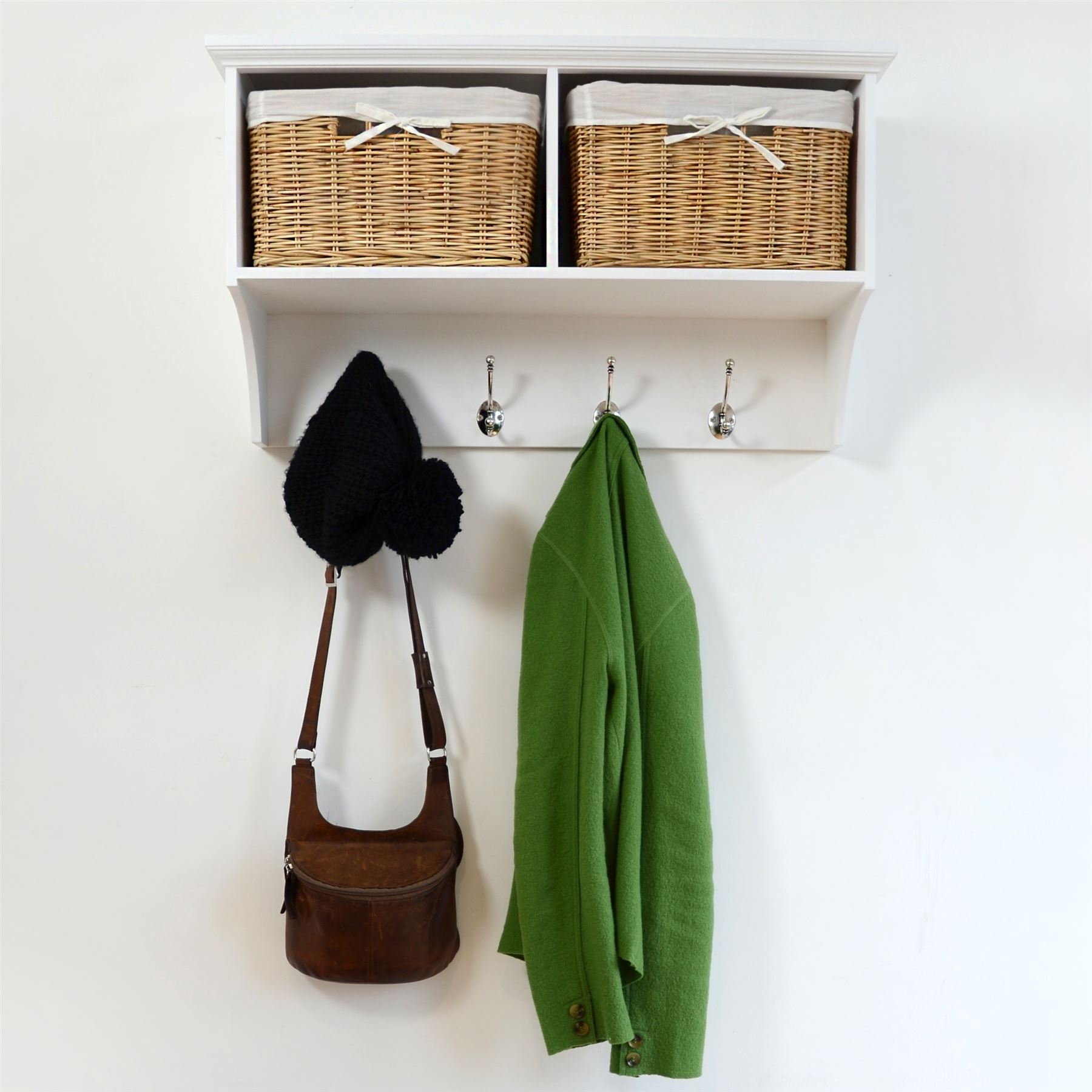 Tetbury White Coat Rack with 2 Storage Baskets.Hallway hanging shelf, 4