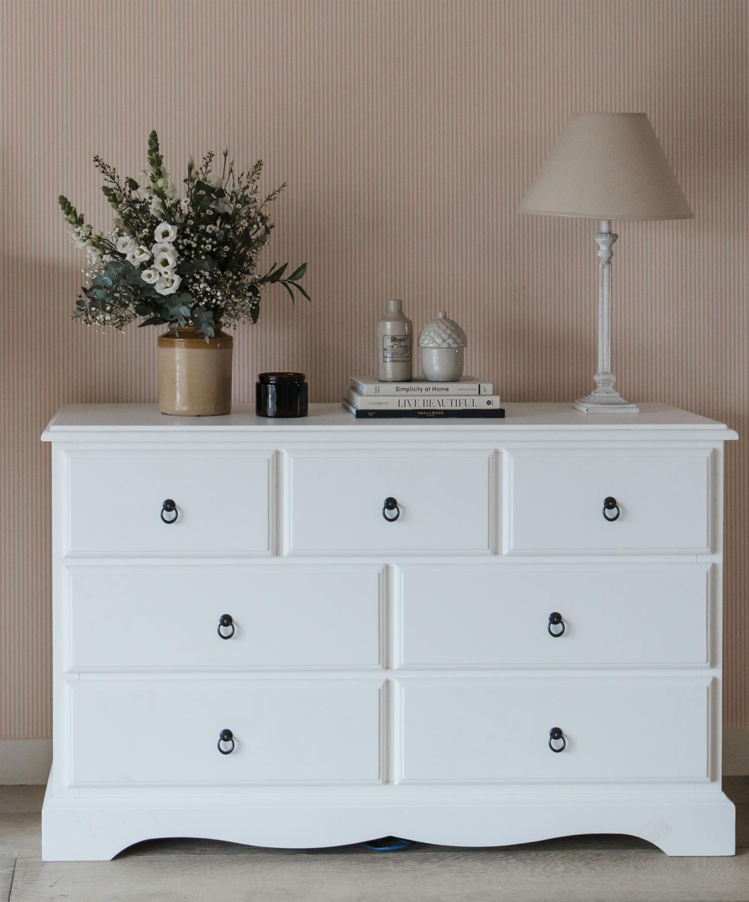 Large White Chest of Drawers 7 Deep Drawer Chest Bedroom Furniture ROMANCE - Picture 2 of 15