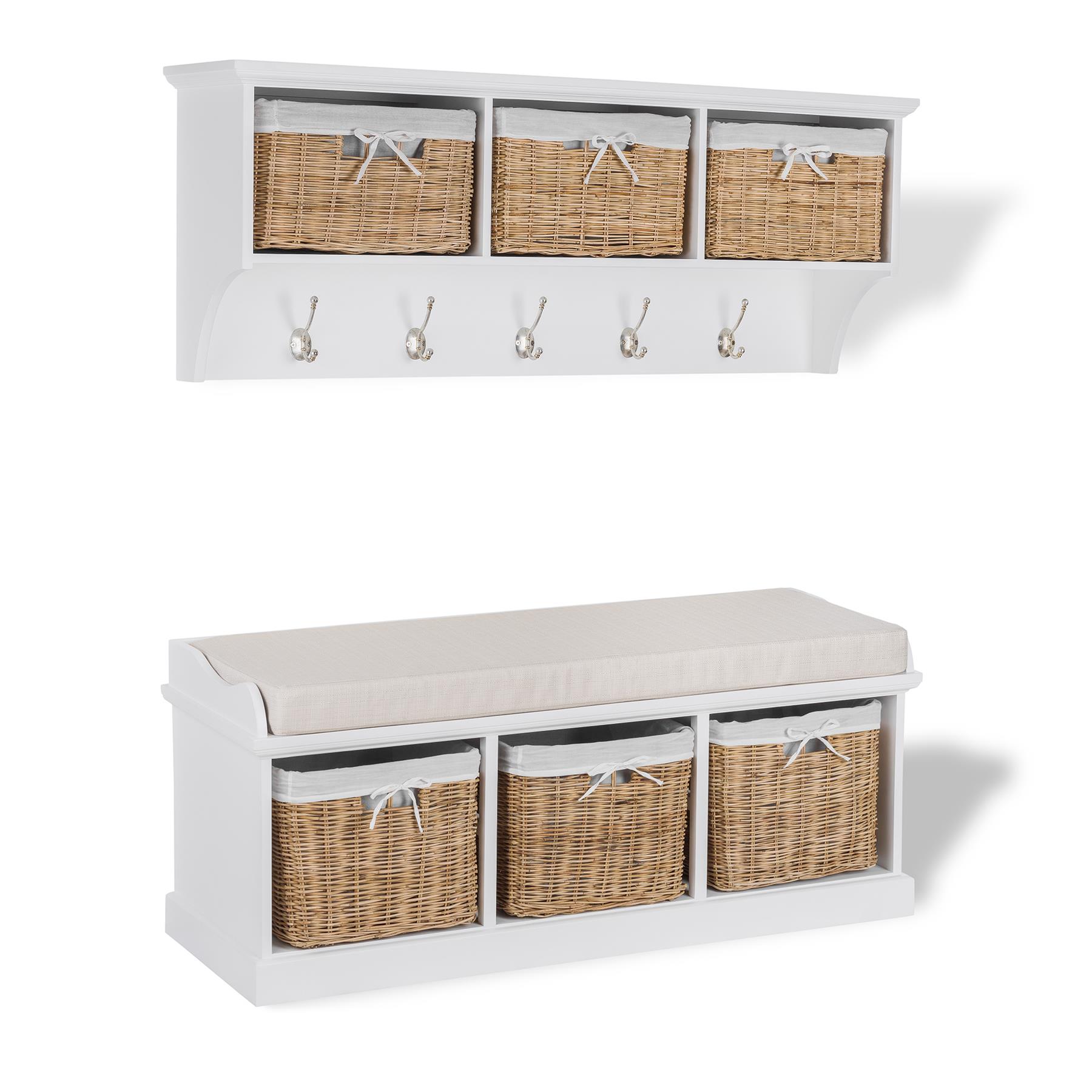 Storage Bench and Coat Rack Set Hallway Furniture with Wicker Baskets