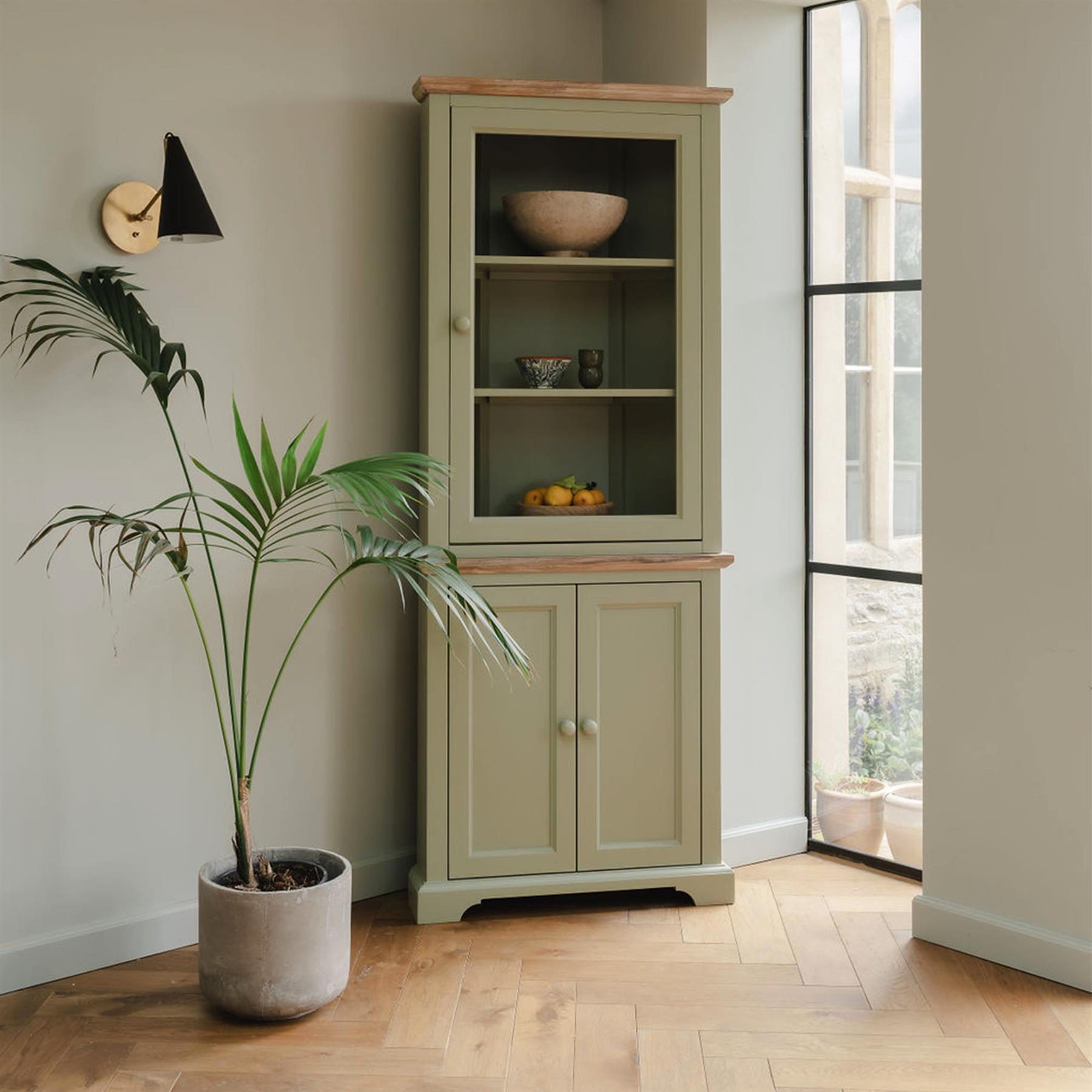 FLORENCE Corner Glass Display Cabinet, Sage Green Kitchen Dresser,  ASSEMBLED | eBay