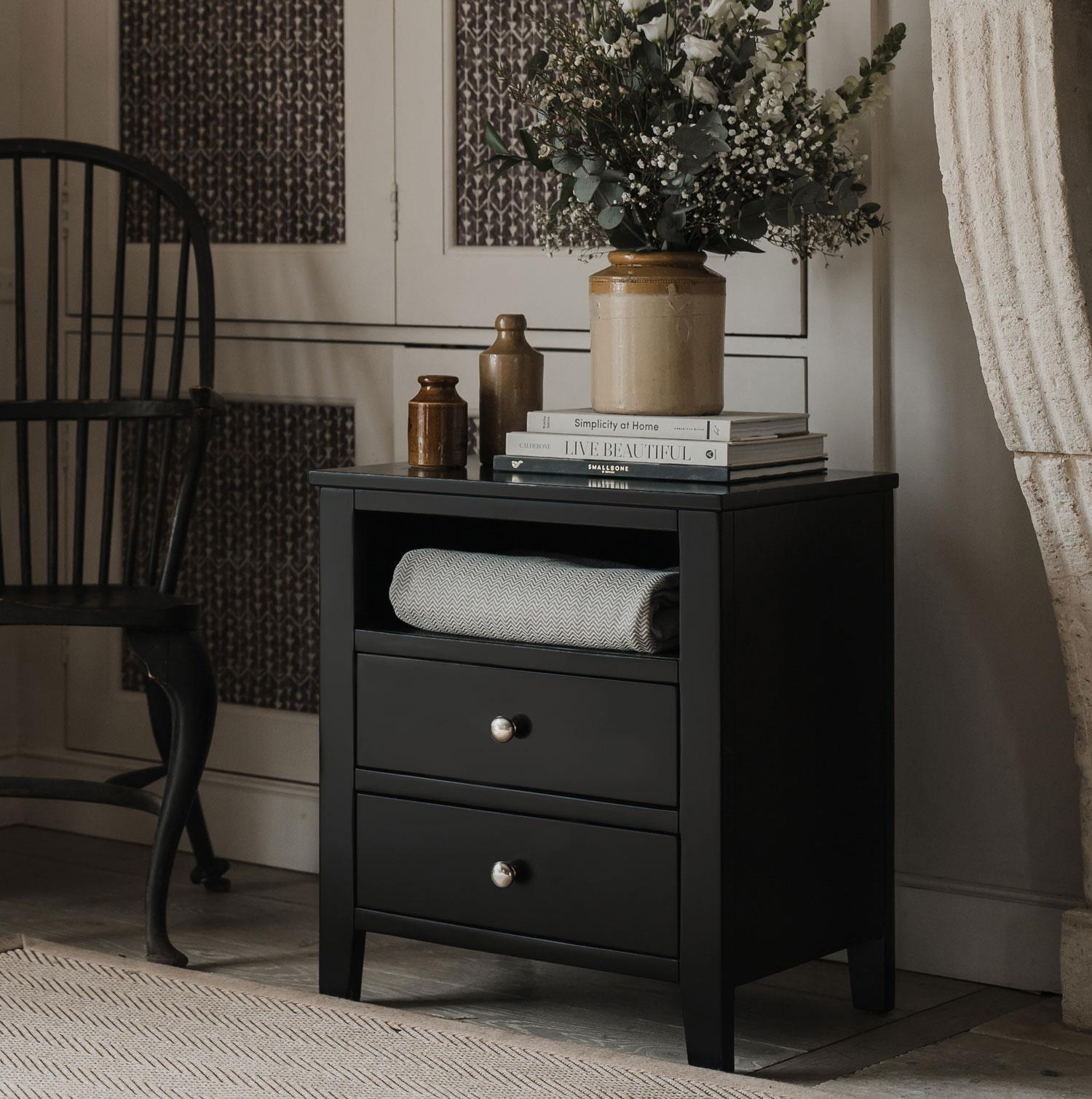 BROOKLYN Black bedroom furniture,bedside table, large chest of drawers ASSEMBLED
