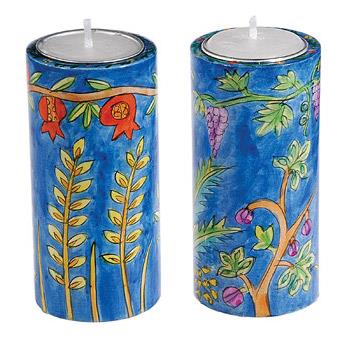 Yair Emanuel Matching Pair of Painted Wooden Candle Holders 10cm Shabbat Jewish