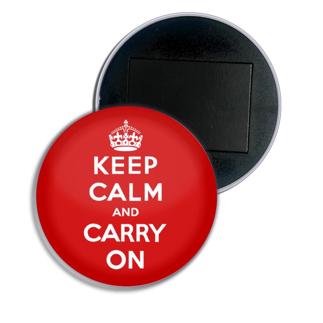 Red Keep Calm and Carry On Fridge Magnet Button Badge (25, 55 or 77mm) - Picture 4 of 4