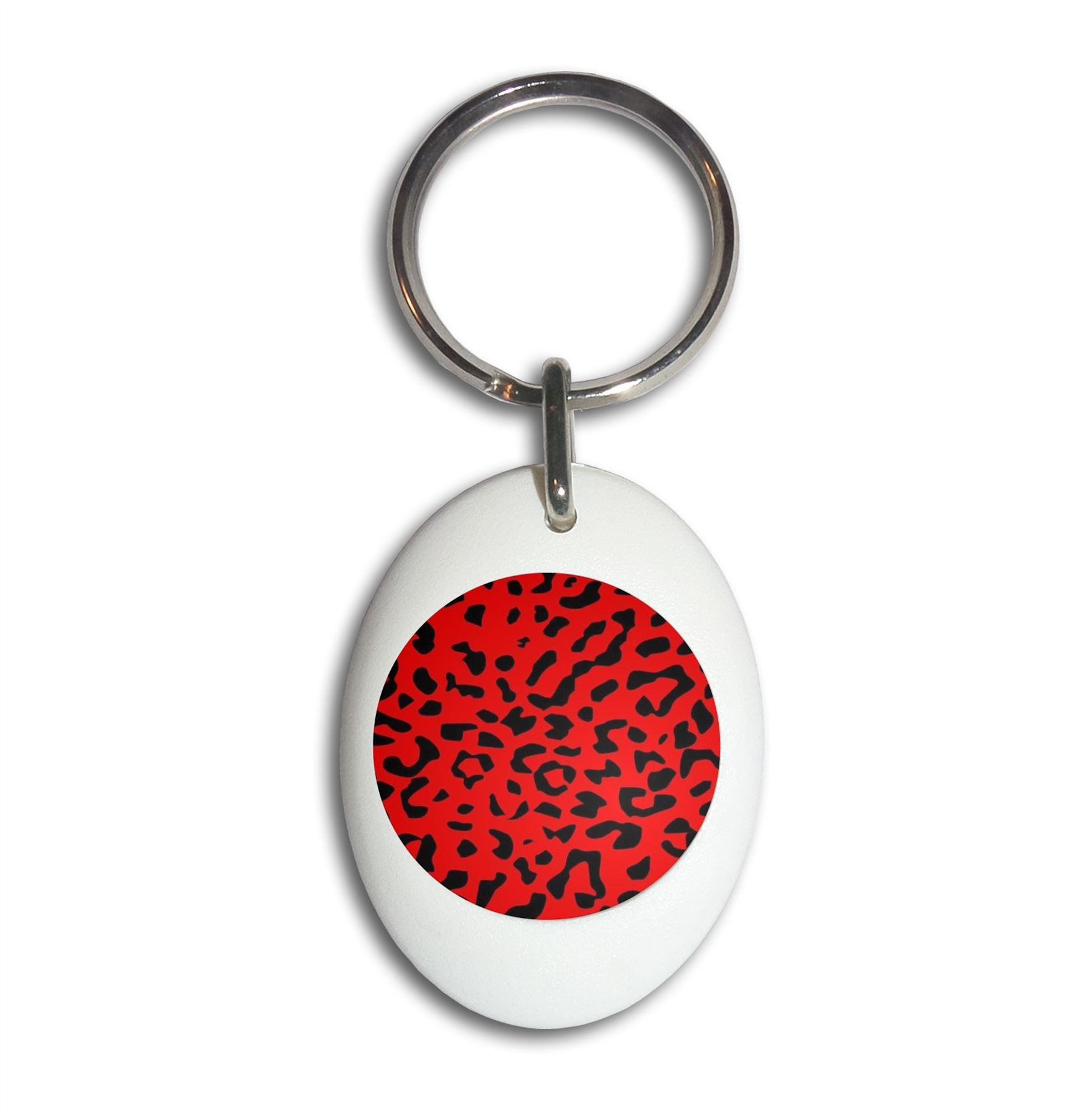 Red Leopard Print Plastic Oval Key Ring (43mm x 32.5mm) - Picture 9 of 10