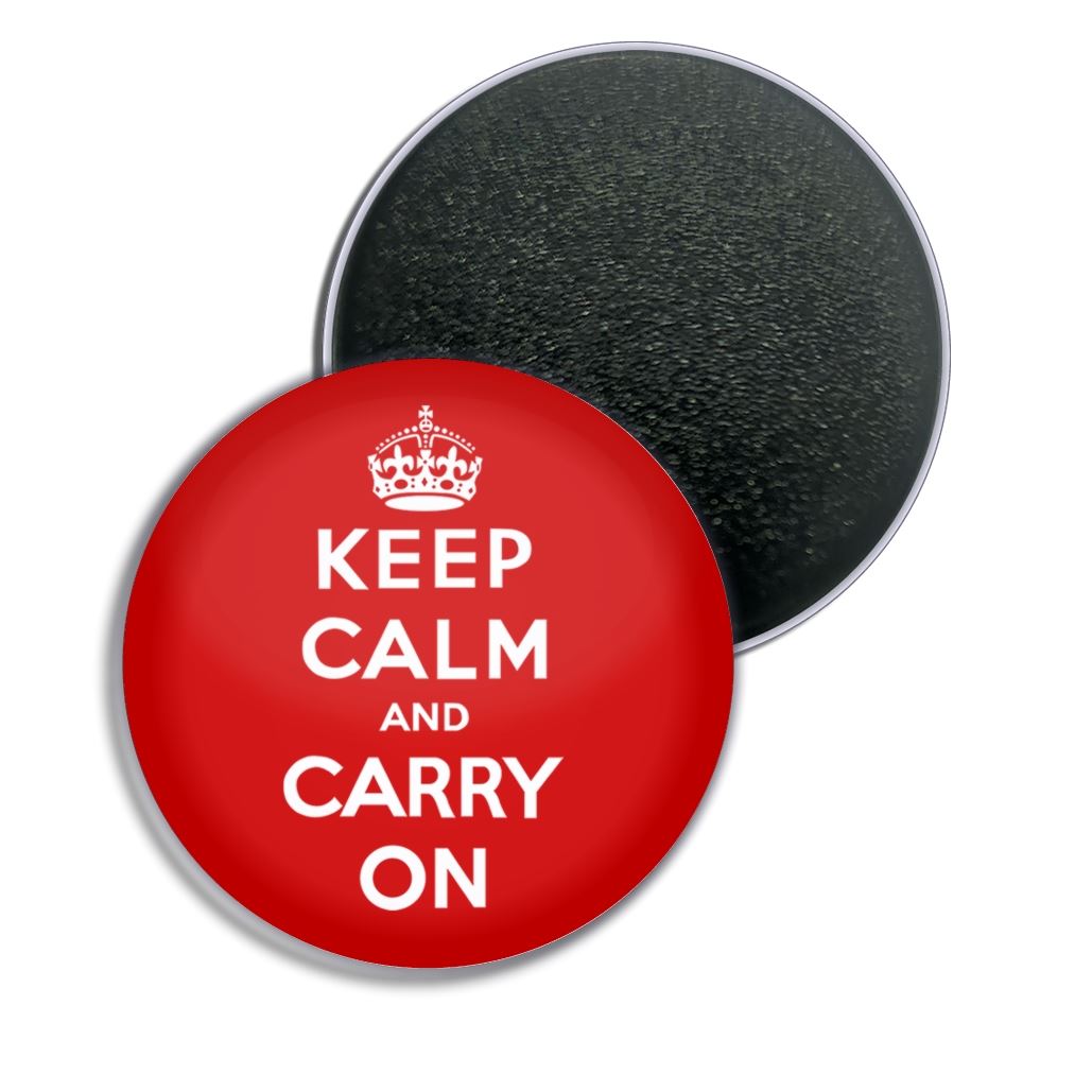 Red Keep Calm and Carry On Fridge Magnet Button Badge (25, 55 or 77mm) - Picture 2 of 4