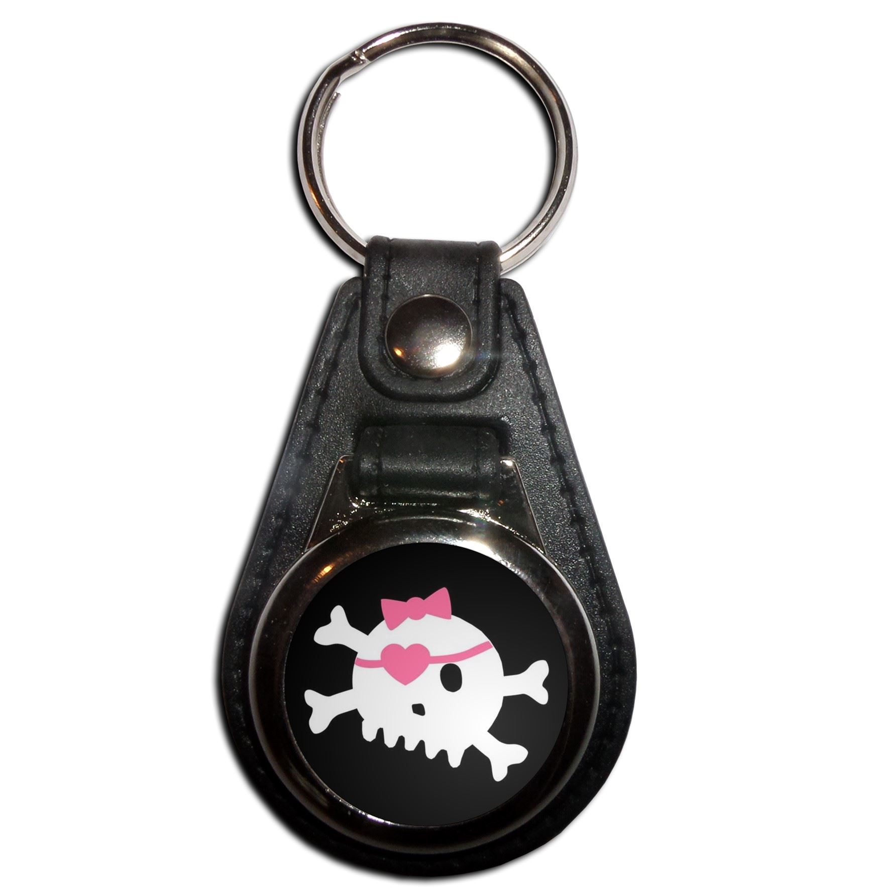 Black Skull with Bow Plastic Medallion Key Ring (61mm x 38mm) - Picture 3 of 12