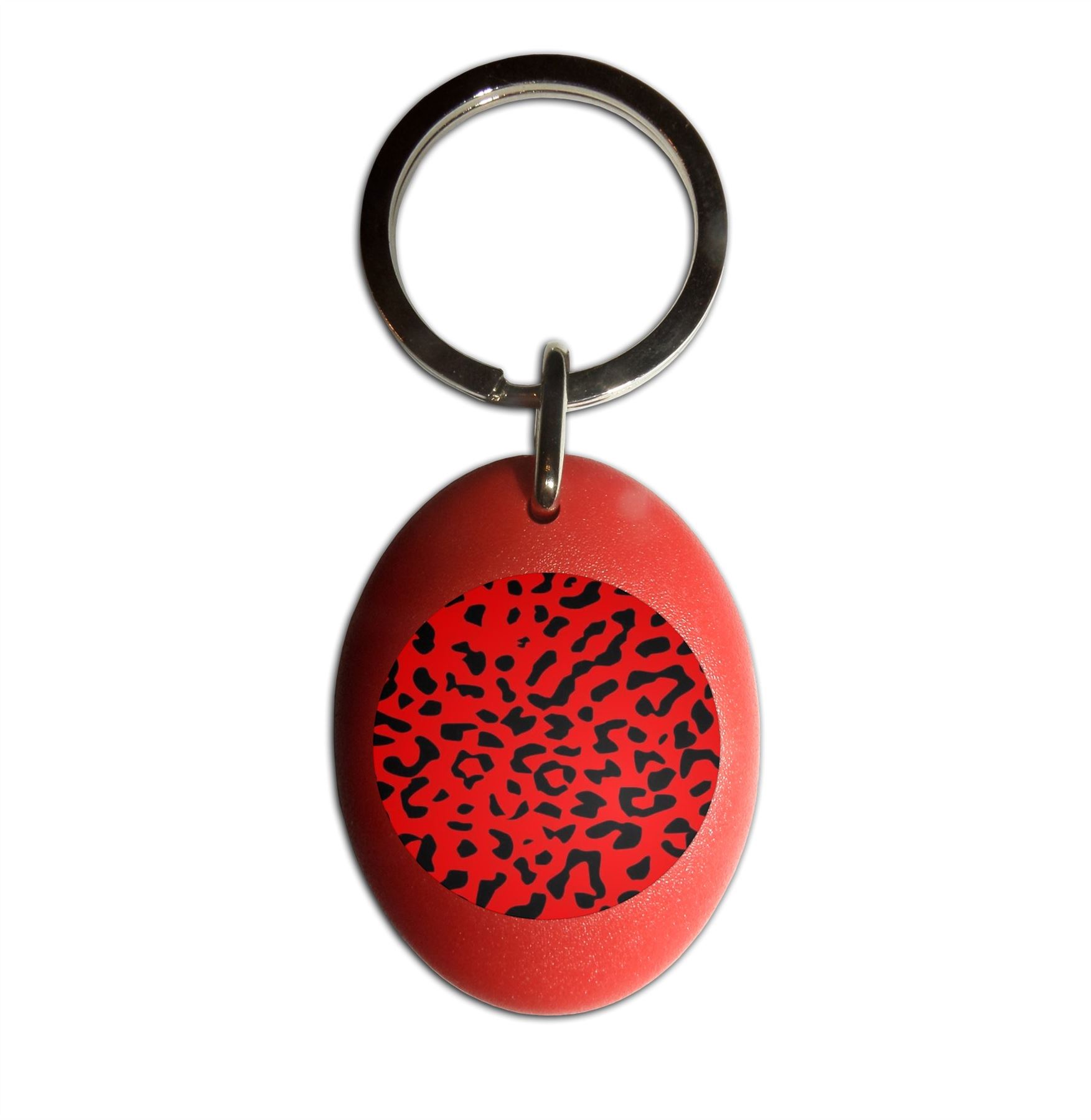 Red Leopard Print Plastic Oval Key Ring (43mm x 32.5mm) - Picture 7 of 10