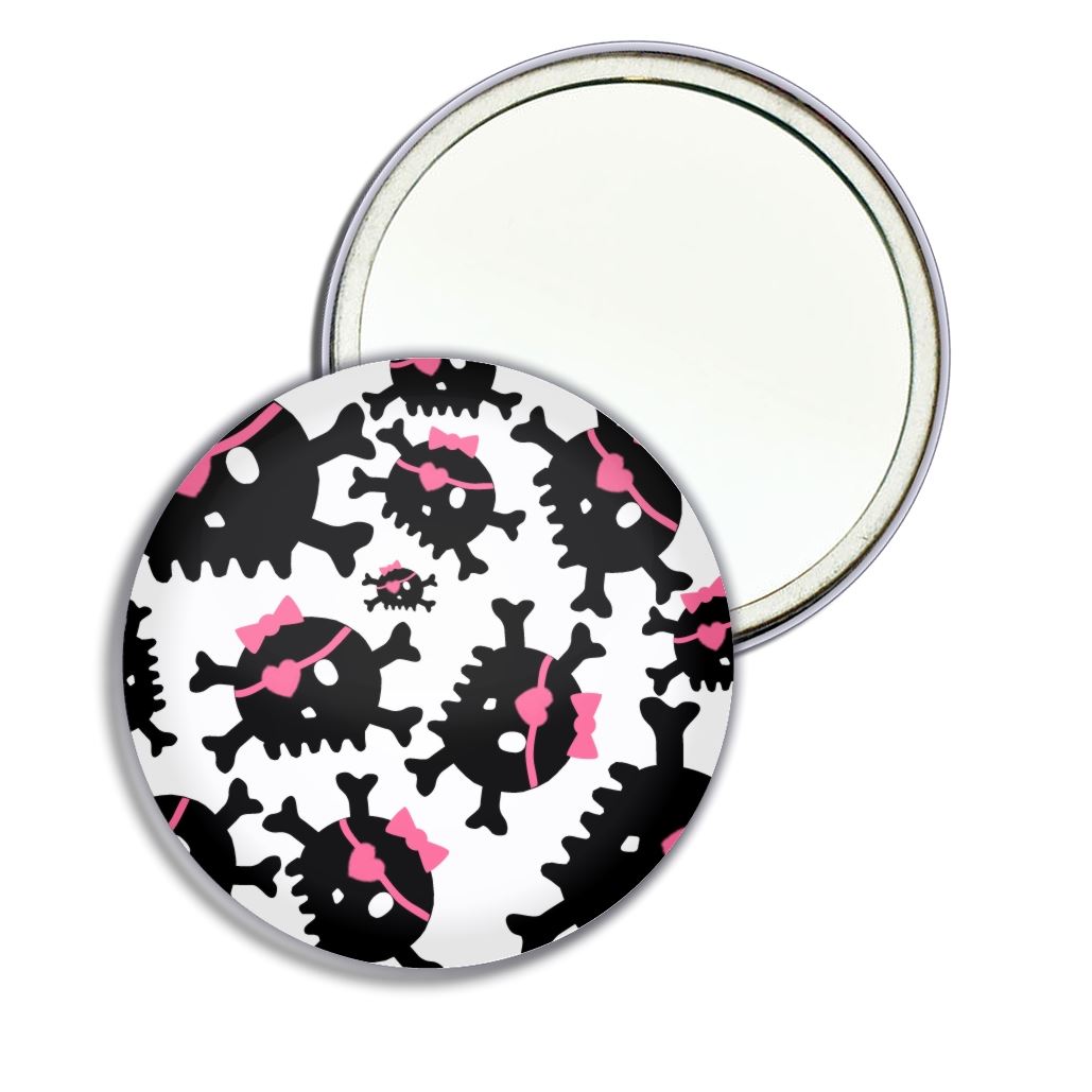 Skull Bow Pattern Round Mirror Pocket Compact (55mm or 77mm) - Picture 3 of 6