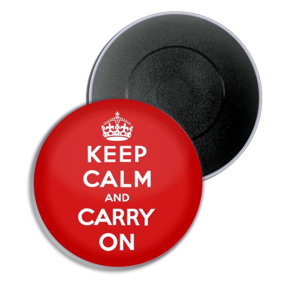 Red Keep Calm and Carry On Fridge Magnet Button Badge (25, 55 or 77mm) - Picture 3 of 4