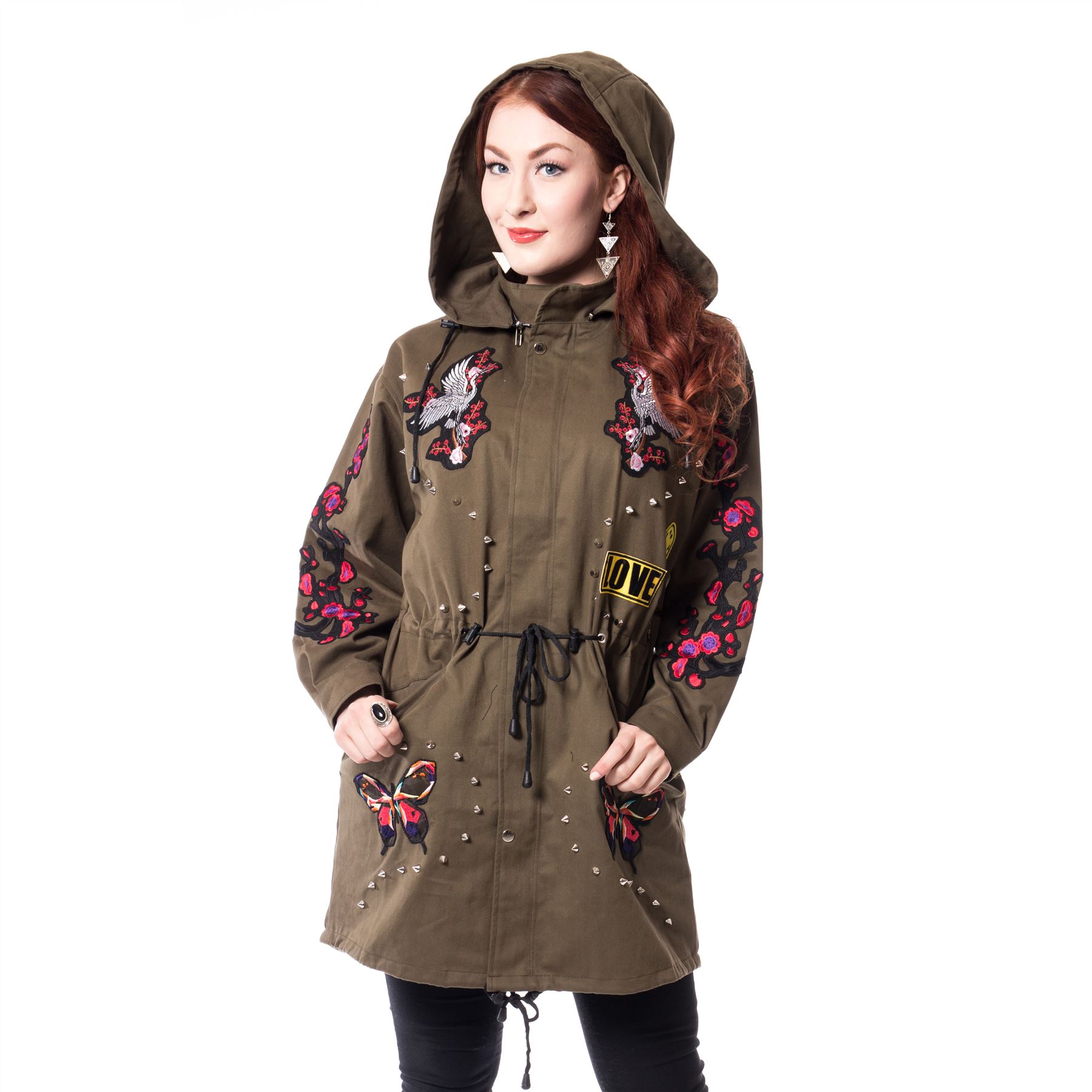 Rockabella Amorer Tour Ladies Womens Butterfly Green Khaki Winter Coat//Jacket