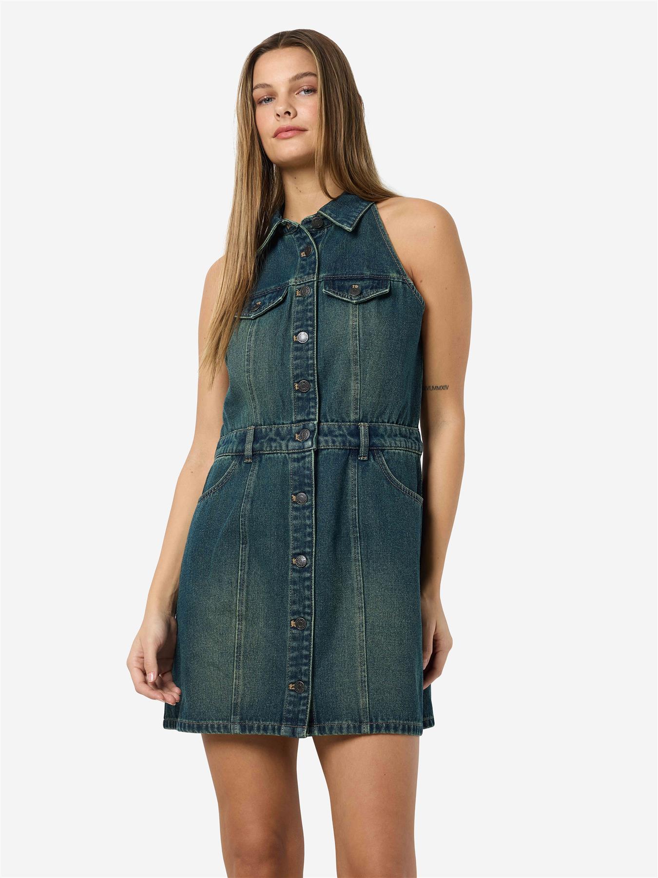 Women's Blue Denim Dress Slim Fit Sleeveless Button-Down Jean Dress for Summer - Picture 16 of 16