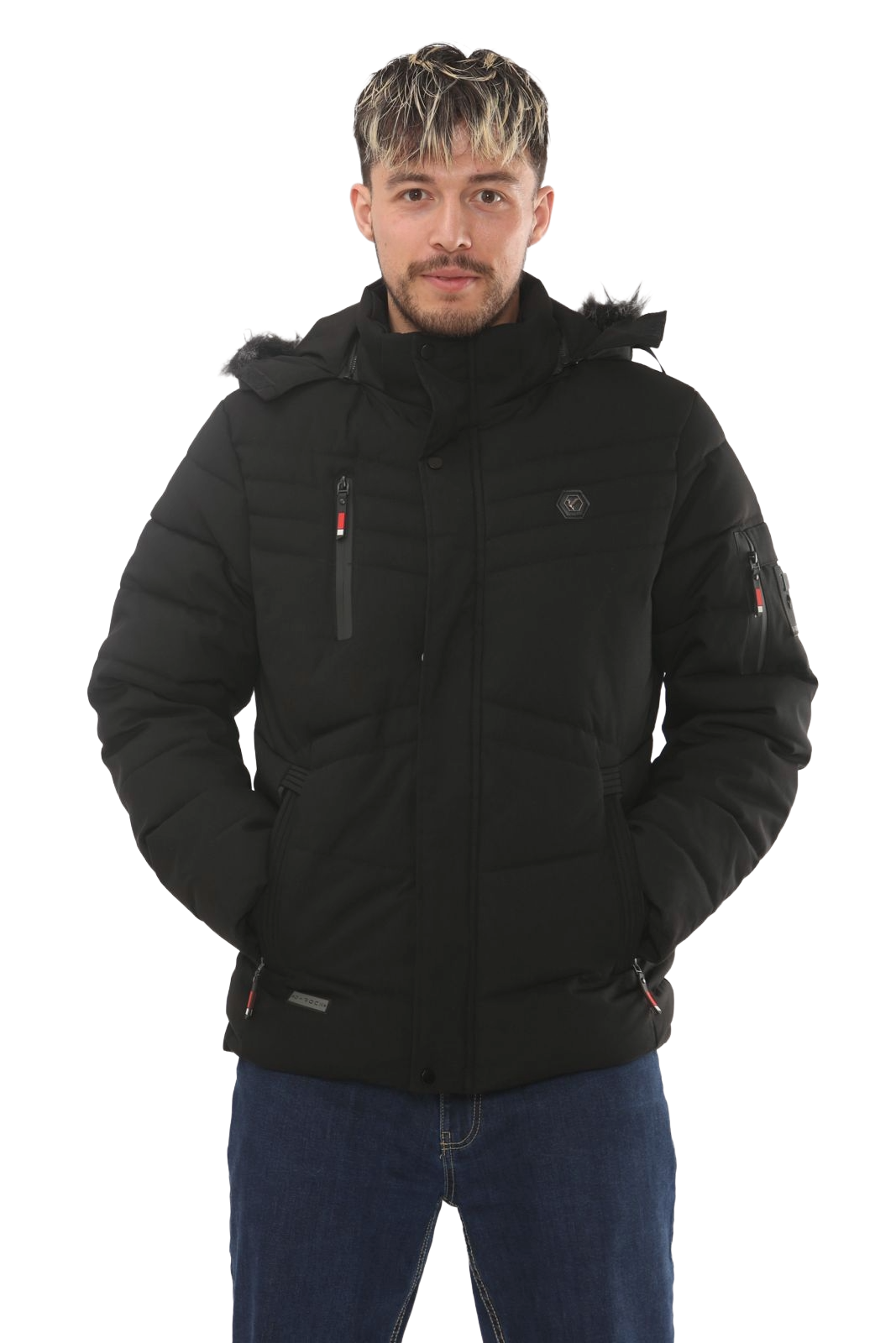 Mens Winter Puffer Jacket with Detachable Fur Hood 3 Zip Pocket, UK Size S-XXL
