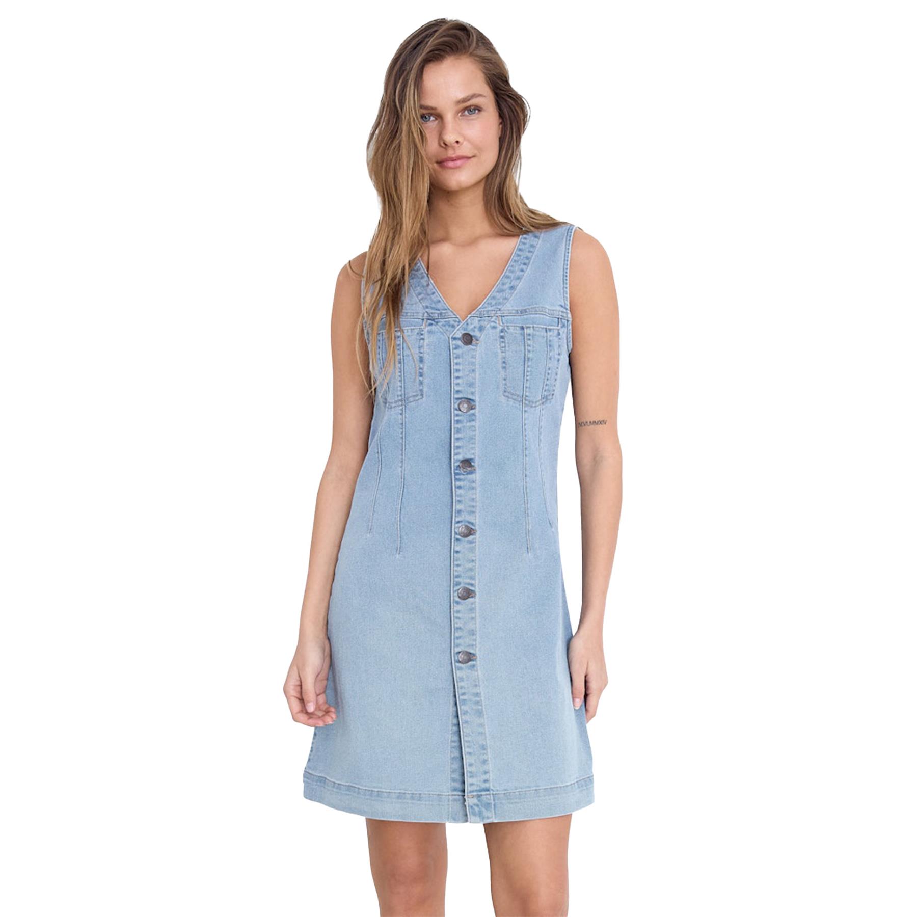 Women's Blue Denim Dress Slim Fit Sleeveless Button-Down Jean Dress for Summer