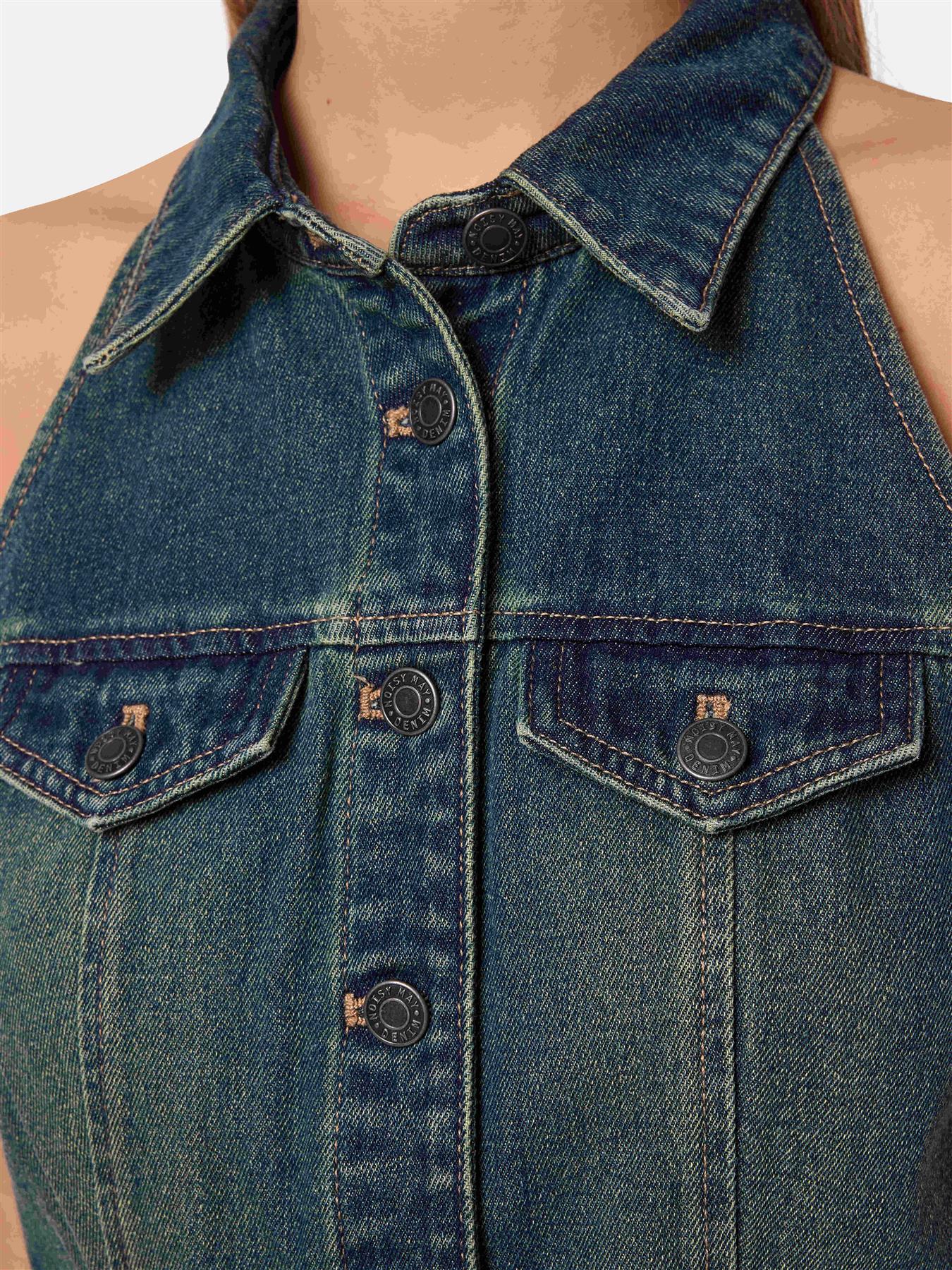 Women's Blue Denim Dress Slim Fit Sleeveless Button-Down Jean Dress for Summer - Picture 14 of 16