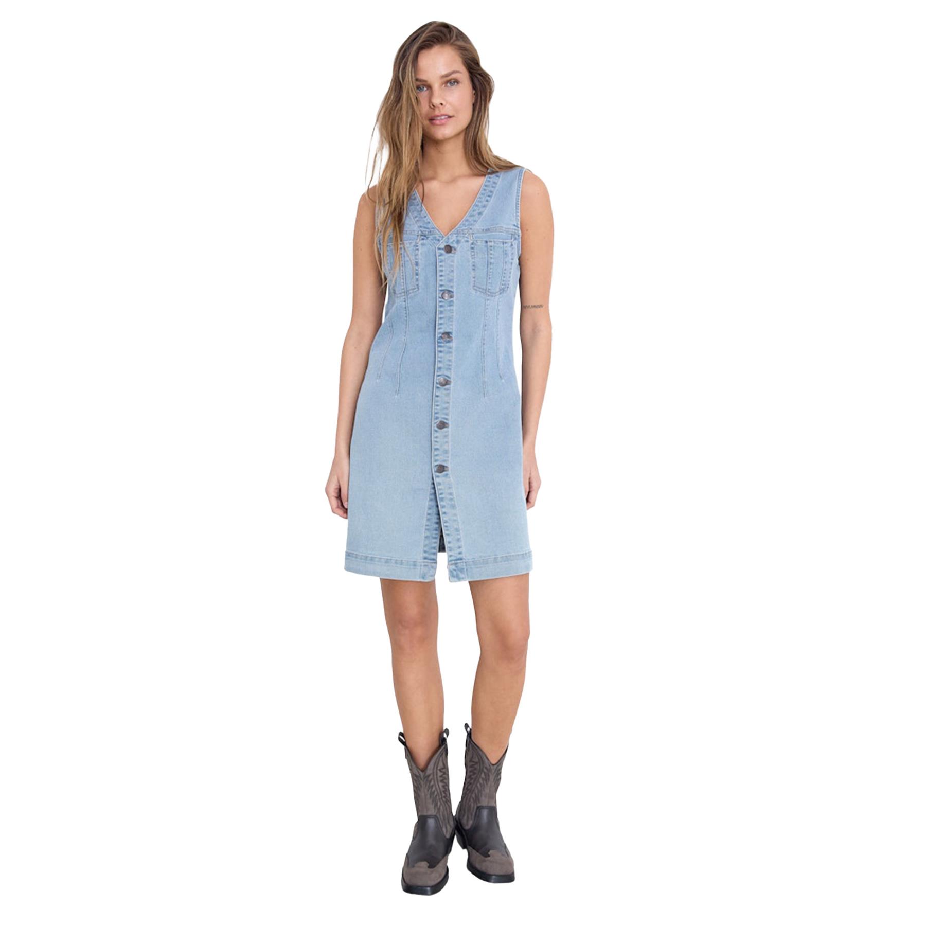 Women's Blue Denim Dress Slim Fit Sleeveless Button-Down Jean Dress for Summer - Picture 4 of 16