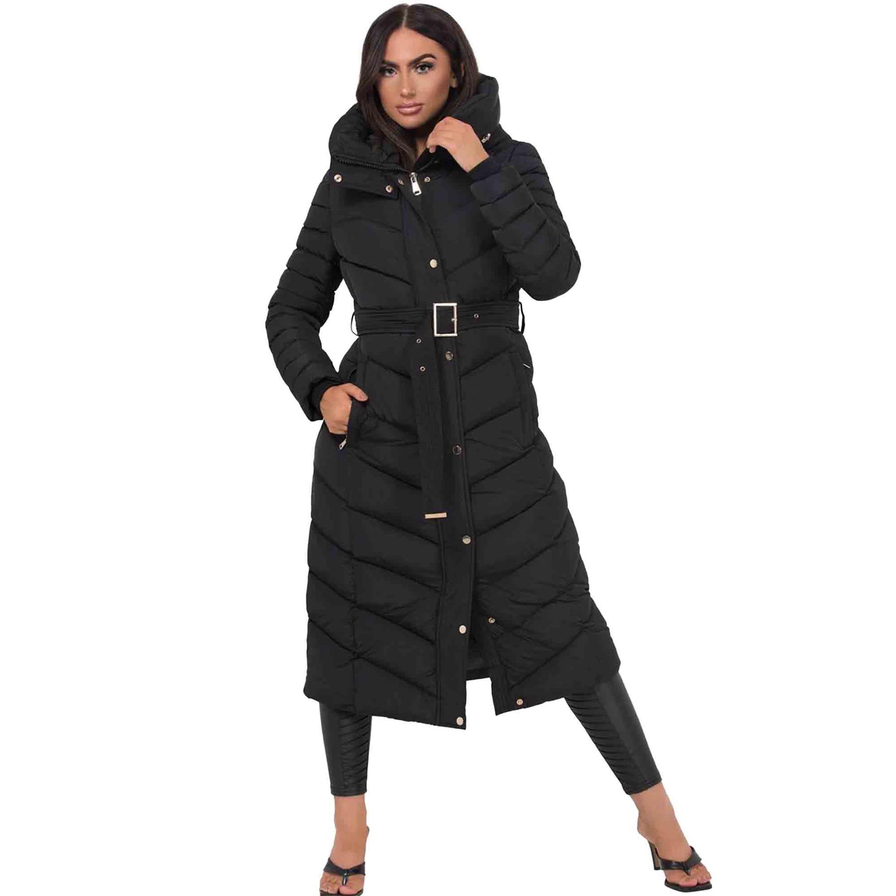 Women’s Long Puffer Coat with Belt & Hood Windproof & Water-Resistant,UK6 - UK14