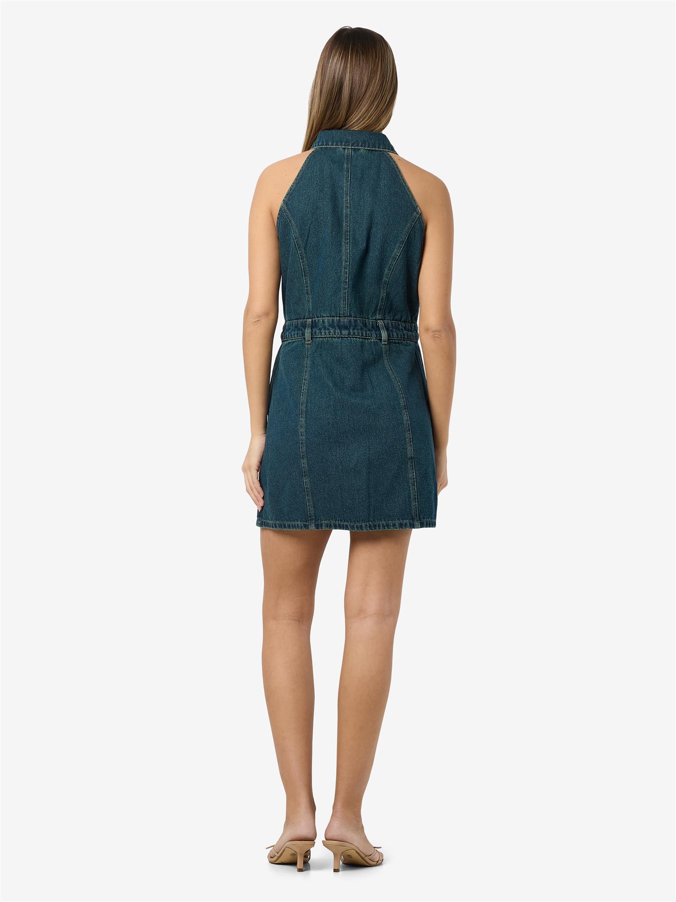Women's Blue Denim Dress Slim Fit Sleeveless Button-Down Jean Dress for Summer - Picture 12 of 16