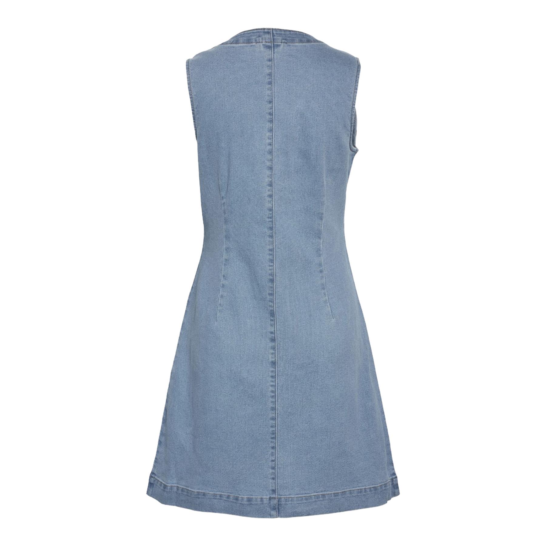 Women's Blue Denim Dress Slim Fit Sleeveless Button-Down Jean Dress for Summer - Picture 8 of 16
