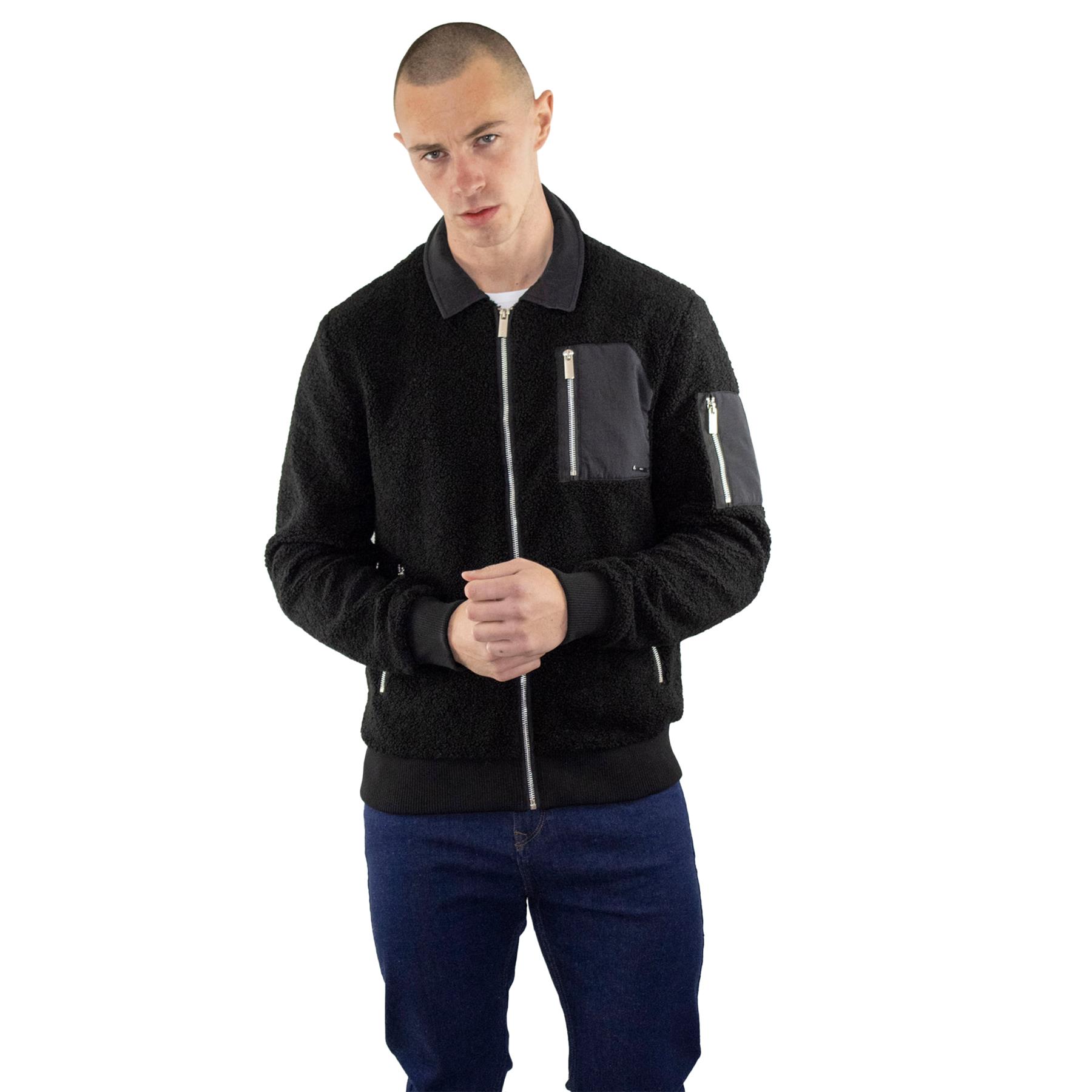 D-Rock Mens Black Sherpa Fleece Jacket with Zip-Up Front & Utility Pockets,S-2XL - Picture 2 of 4