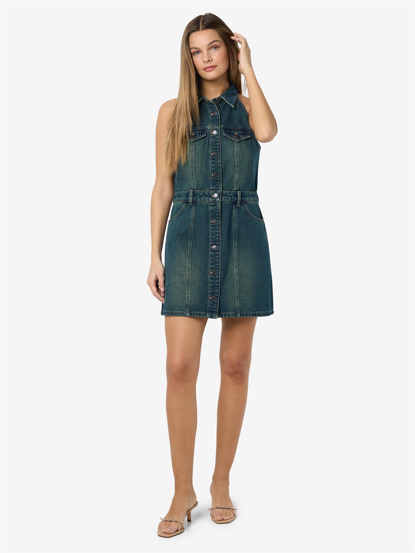 Women's Blue Denim Dress Slim Fit Sleeveless Button-Down Jean Dress for Summer - Picture 9 of 16