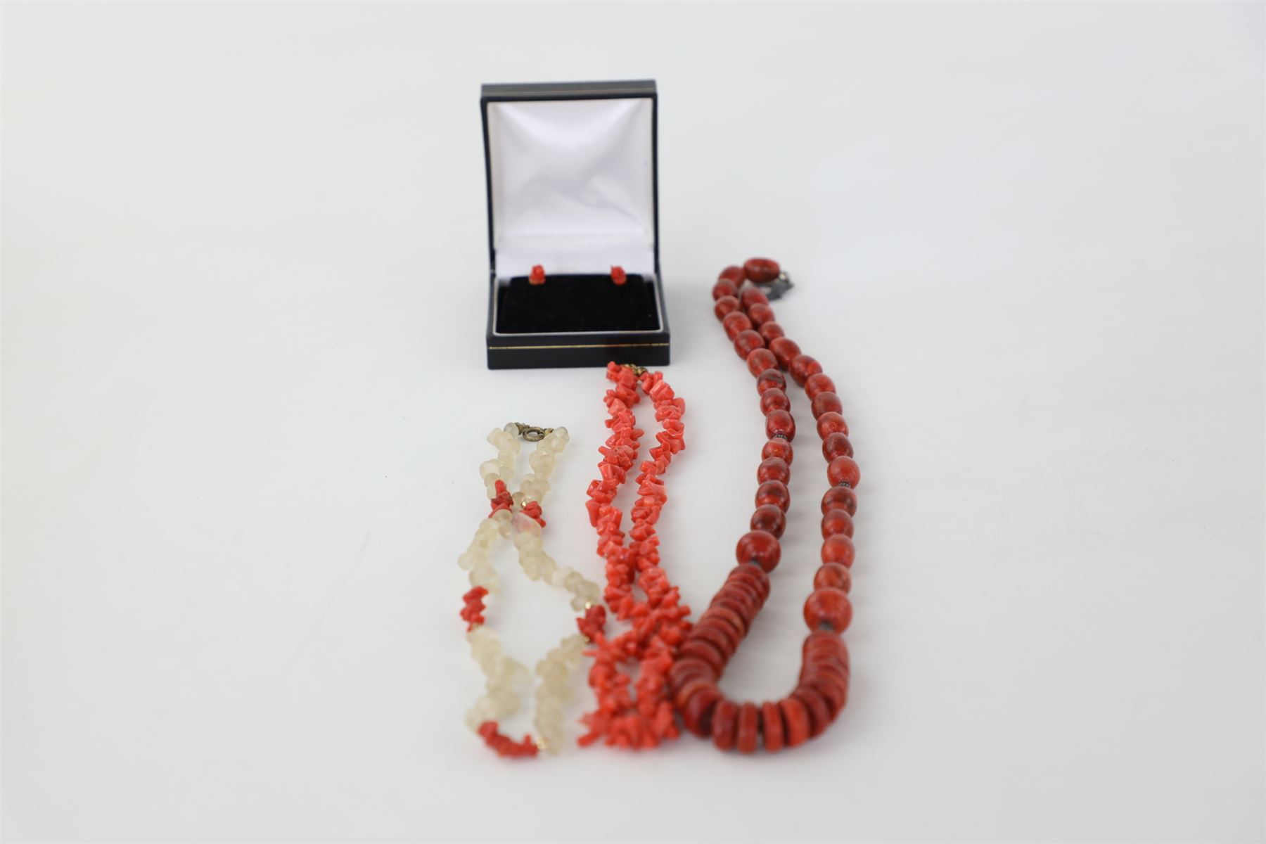 3X Vintage Genuine Coral Necklaces & Earrings In Box, Various 3X Vintage Genuine Coral Necklaces & Earrings In Box, Various