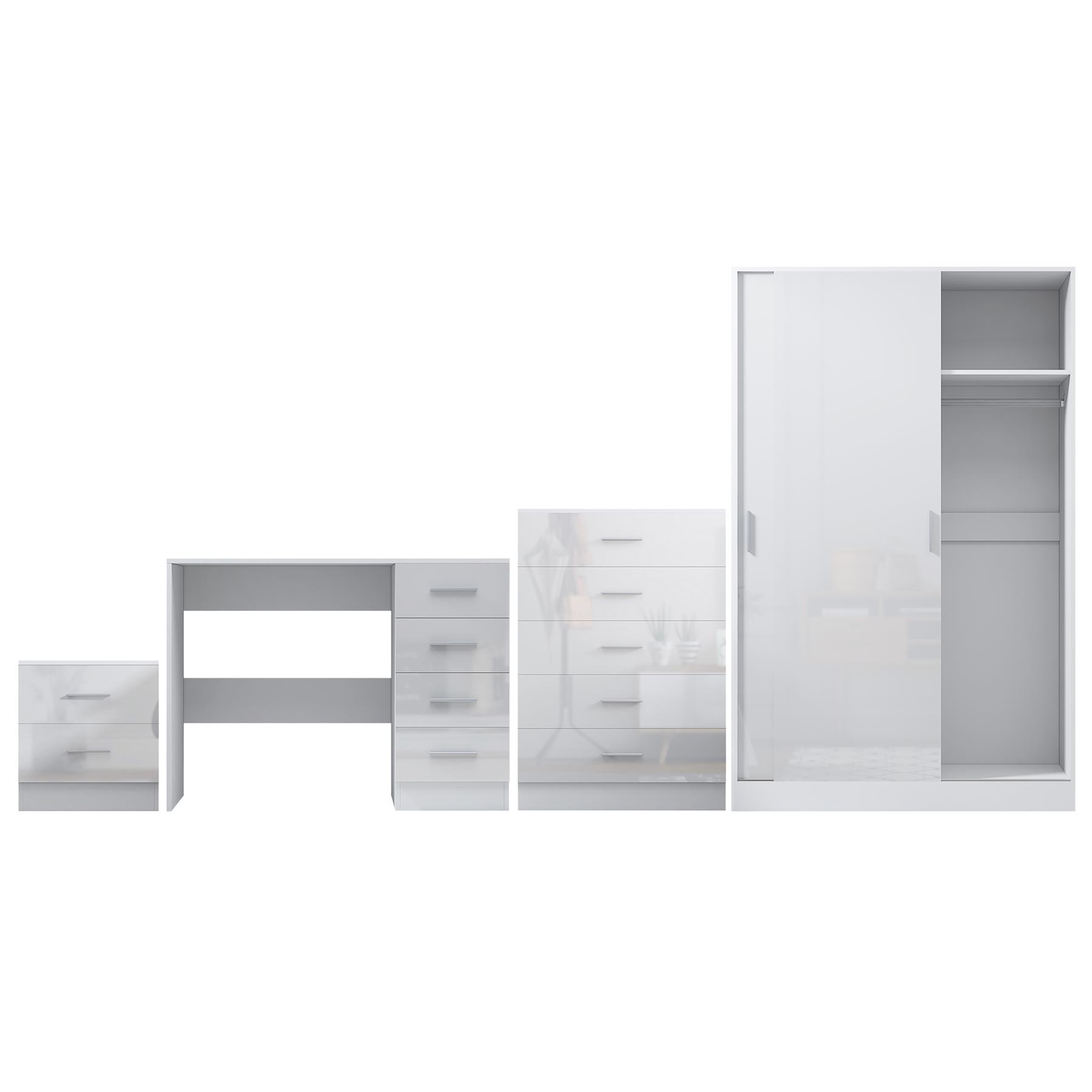 REFLECT Gloss 4pc Set - 2 Door Sliding Wardrobe + 5 Draw Chest + Bedside + Desk - Picture 37 of 41