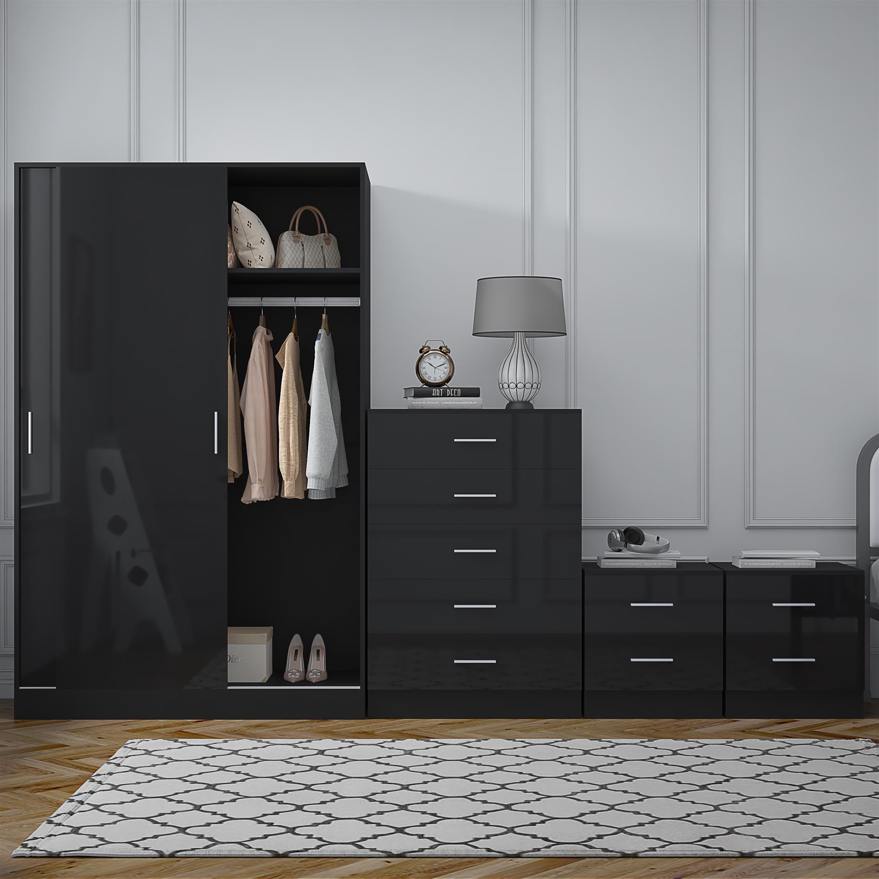 REFLECT Gloss 4pc Set - 2 Door Sliding Wardrobe + 5 Draw Chest + 2 Bedsides - Picture 4 of 41