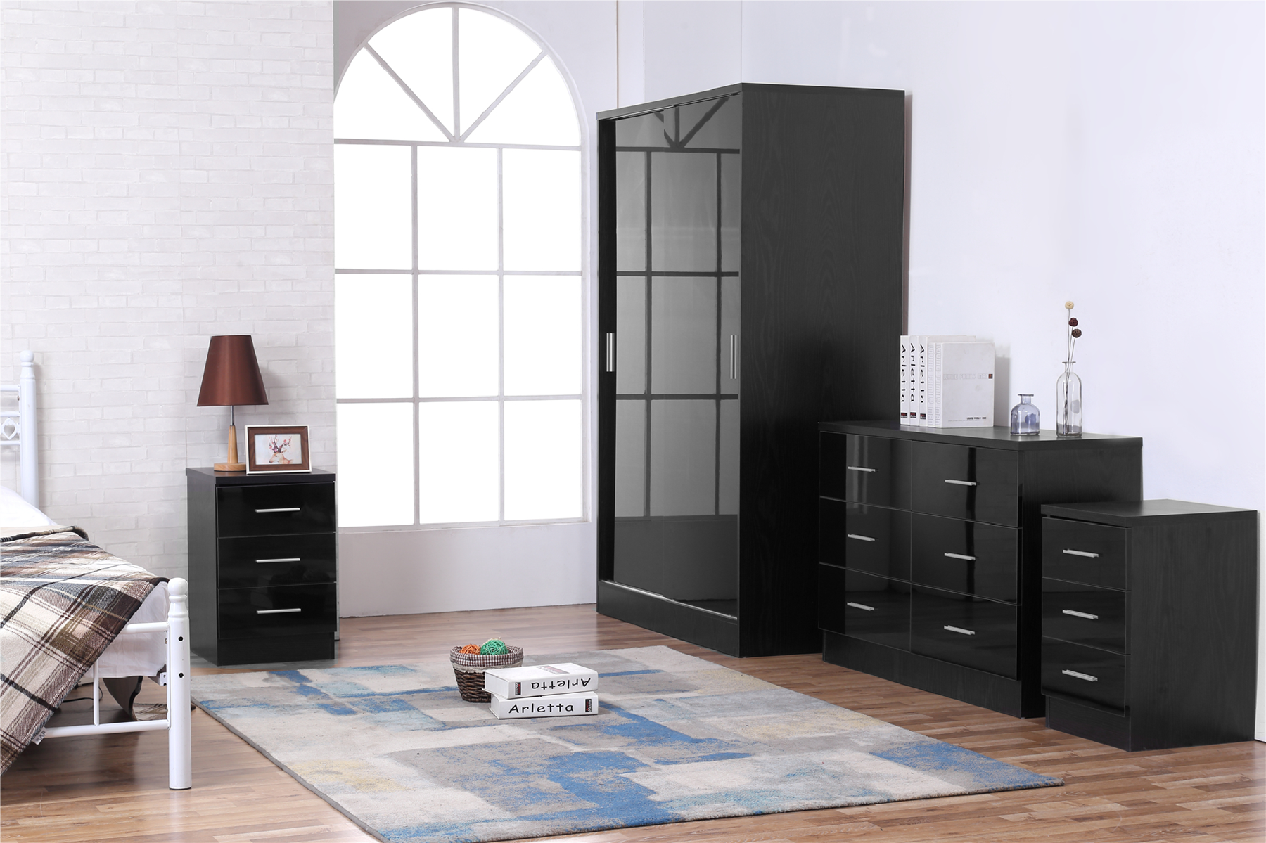 REFLECT Gloss 4pc Set - 2 Door Sliding Wardrobe + Wide Chest + 2 Tall Bedsides - Picture 5 of 8