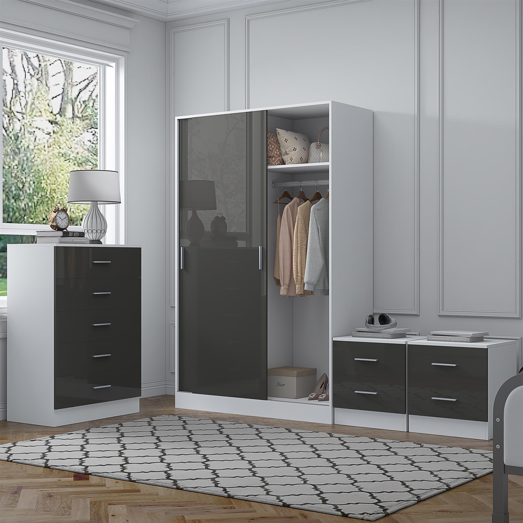 REFLECT Gloss 4pc Set - 2 Door Sliding Wardrobe + 5 Draw Chest + 2 Bedsides - Picture 22 of 41