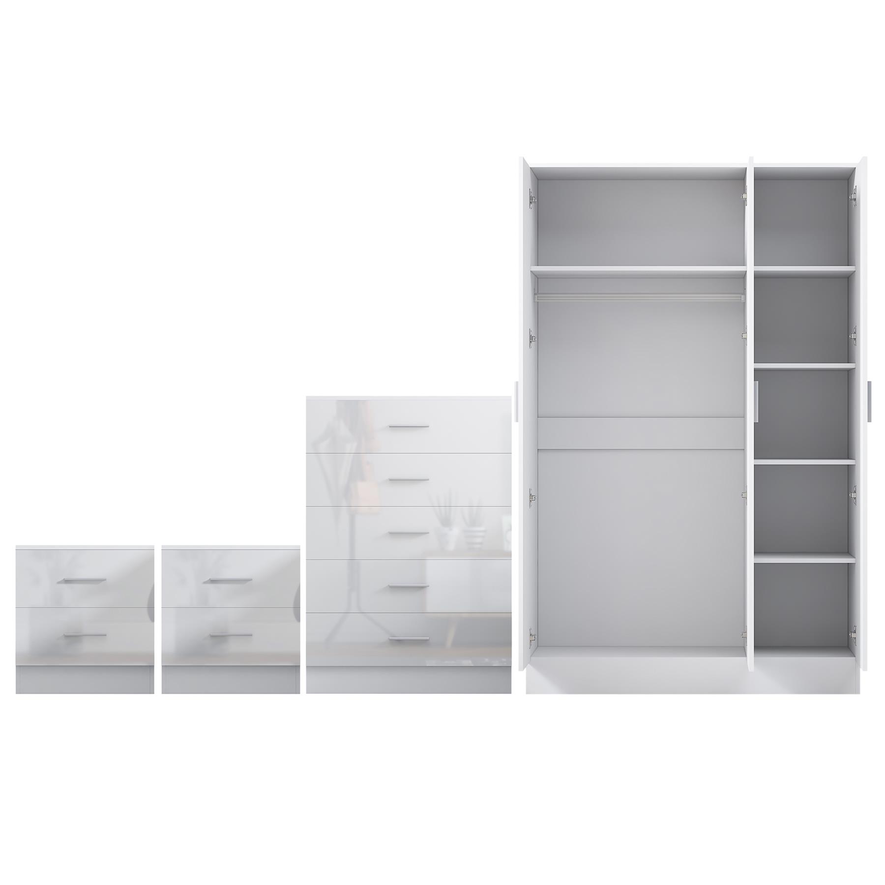 REFLECT Gloss 4pc Set - 3 Door Mirrored Wardrobe + 5 Draw Chest + 2 Bedsides - Picture 46 of 52
