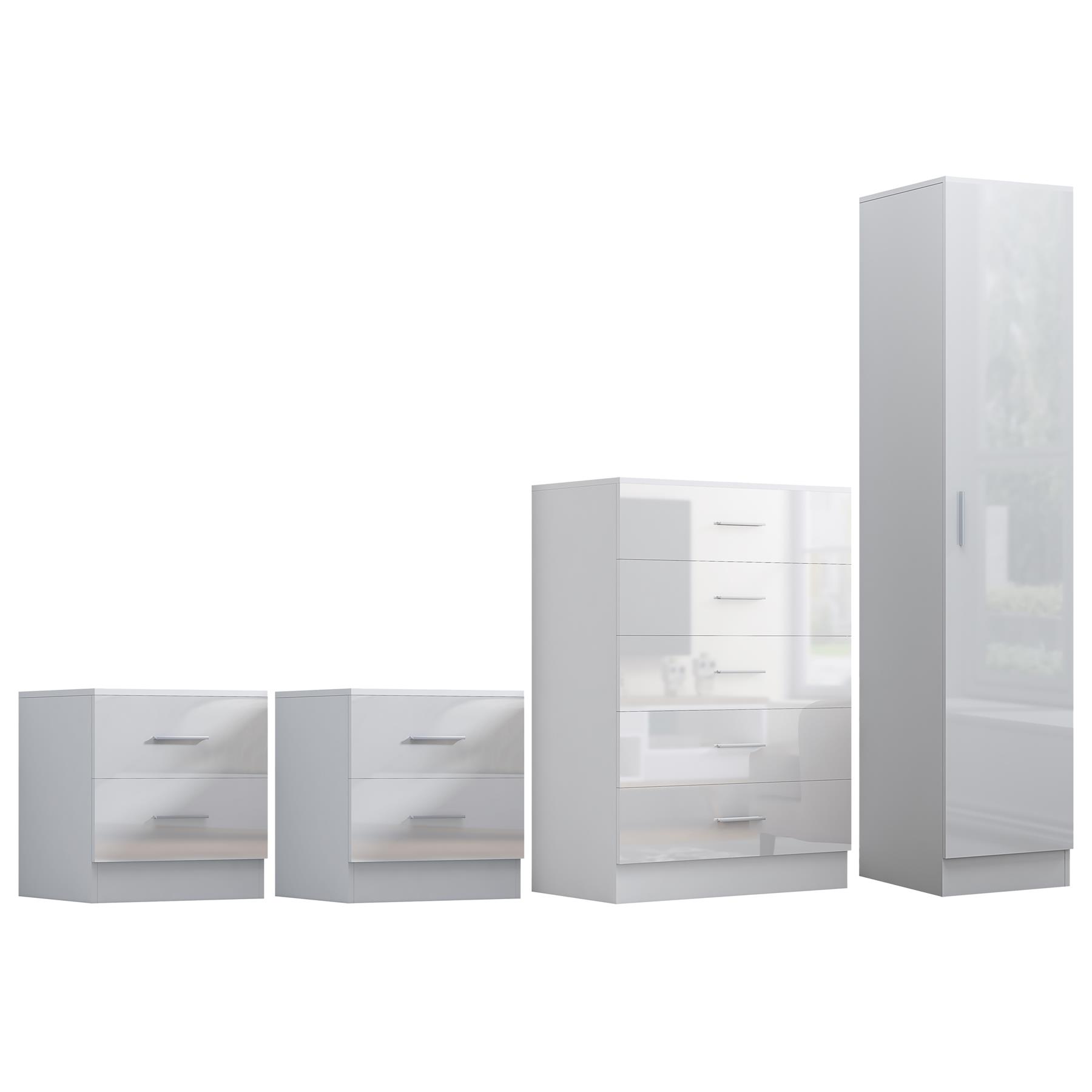 REFLECT Gloss 4pc Bedroom Set - 1 Door Wardrobe + 5 Draw Chest + 2 Bedsides - Picture 43 of 49
