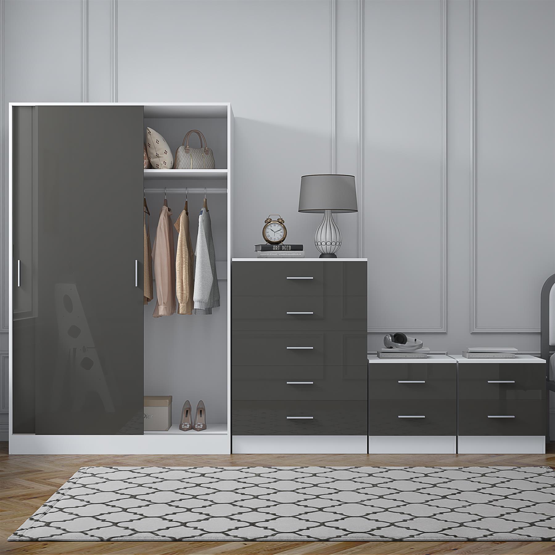 REFLECT Gloss 4pc Set - 2 Door Sliding Wardrobe + 5 Draw Chest + 2 Bedsides - Picture 24 of 41