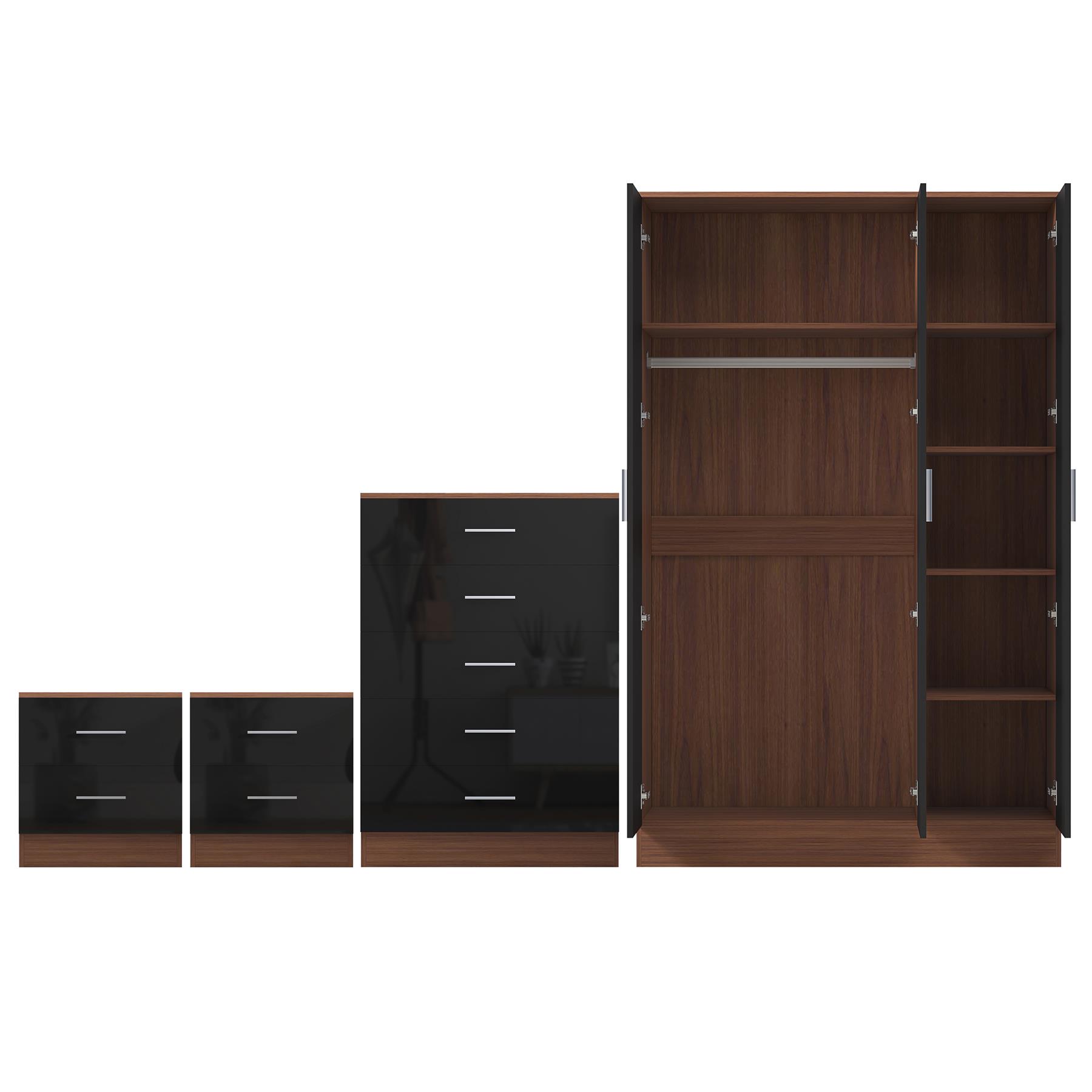 REFLECT Gloss 4pc Set - 3 Door Mirrored Wardrobe + 5 Draw Chest + 2 Bedsides - Picture 22 of 52