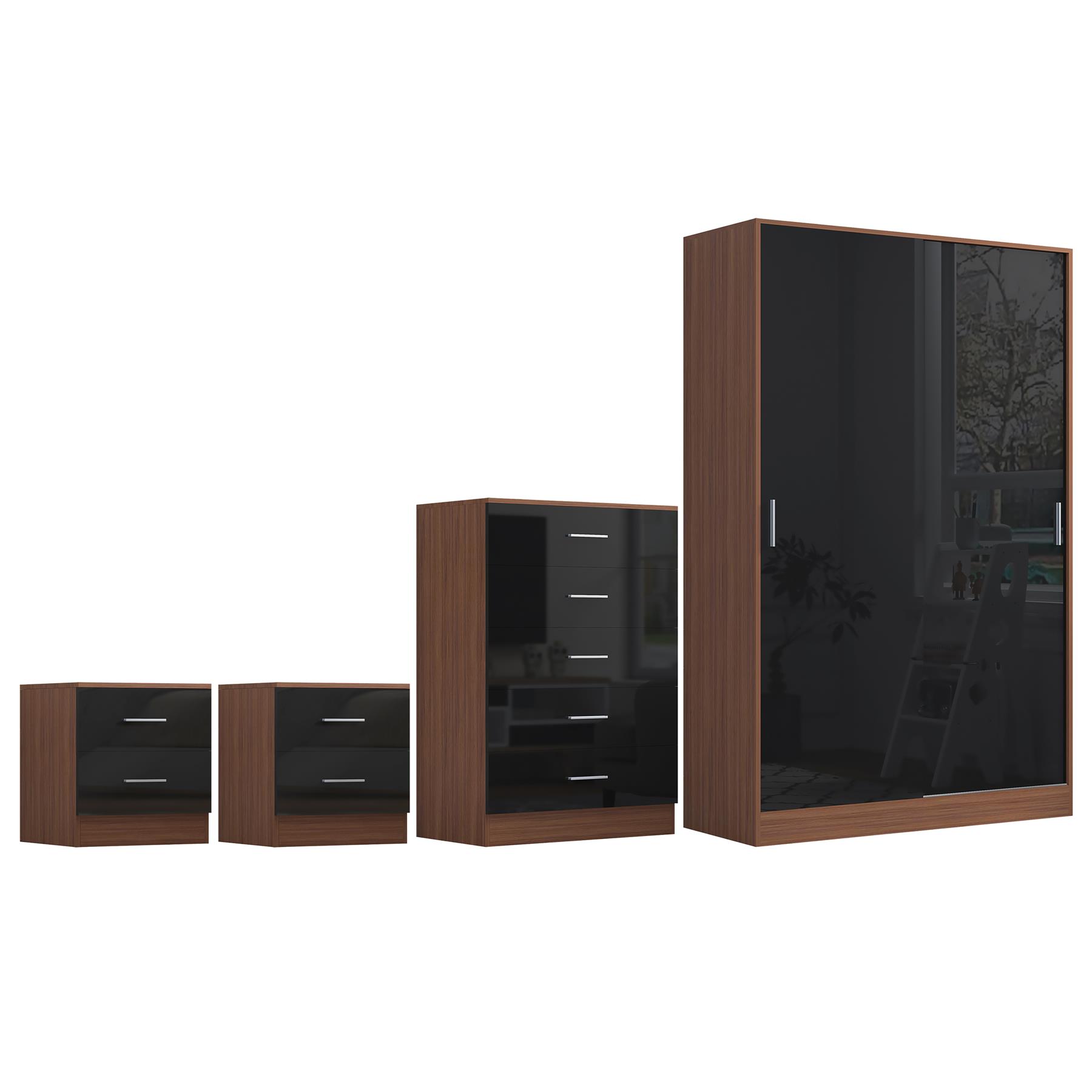 REFLECT Gloss 4pc Set - 2 Door Sliding Wardrobe + 5 Draw Chest + 2 Bedsides - Picture 16 of 41