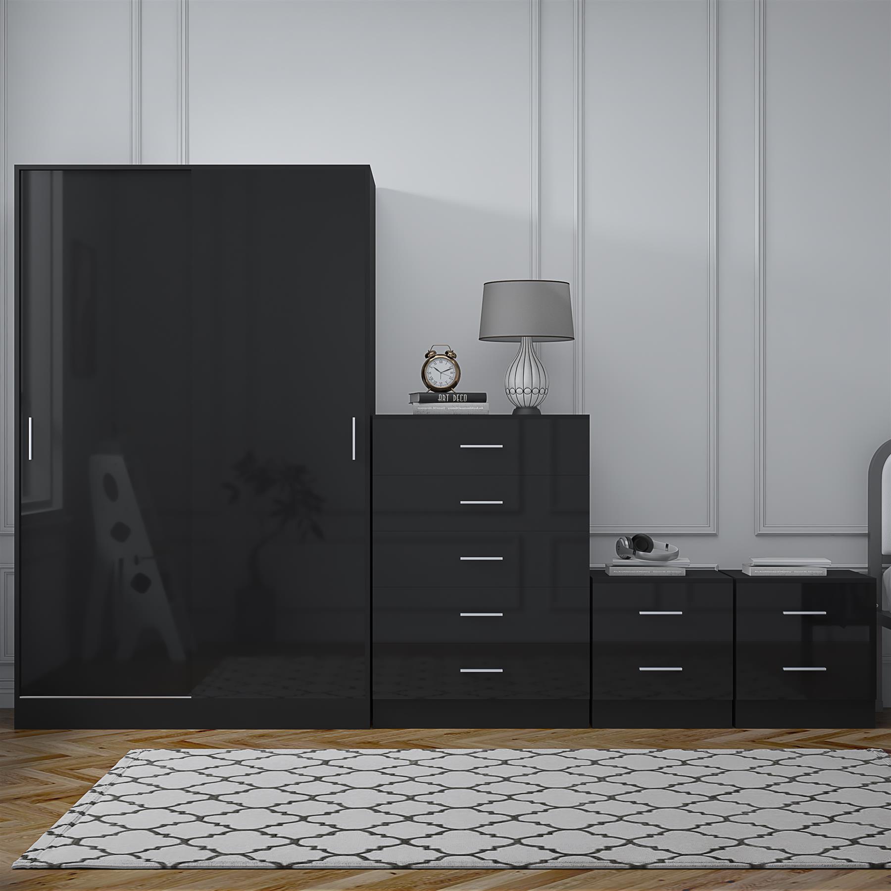 REFLECT Gloss 4pc Set - 2 Door Sliding Wardrobe + 5 Draw Chest + 2 Bedsides - Picture 5 of 41