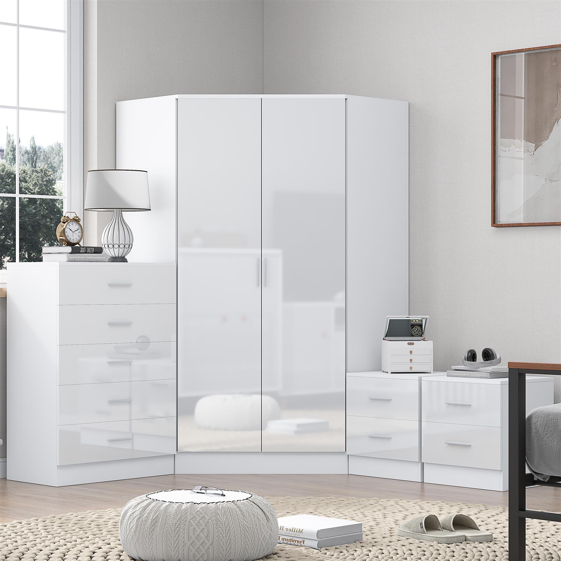 REFLECT Gloss 4pc Set - 2 Door Corner Wardrobe + 5 Draw Chest + 2 Bedsides - Picture 32 of 41